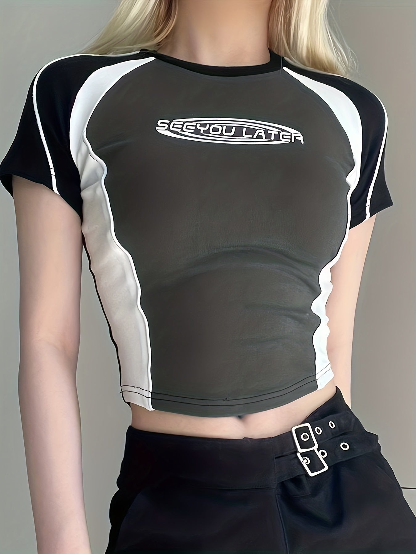 gbolsos  Color Contrast Stitching Letter Printing Sports T-shirts, Summer Fashion Y2k Crew Neck Short Sleeves, Women's Tops