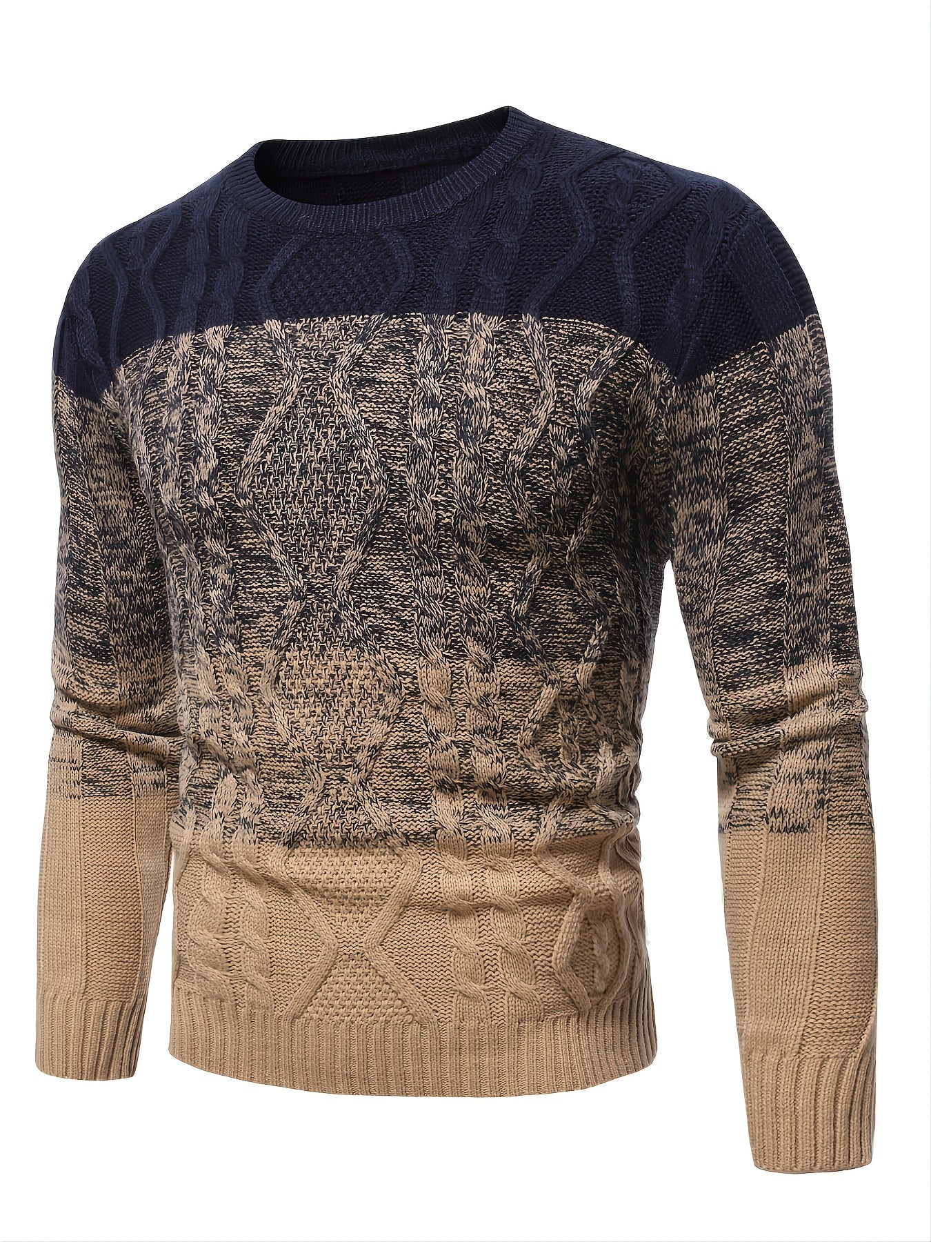 New Men's Round Neck Soft Casual Colorblock Twist Pullover Knitted Sweater