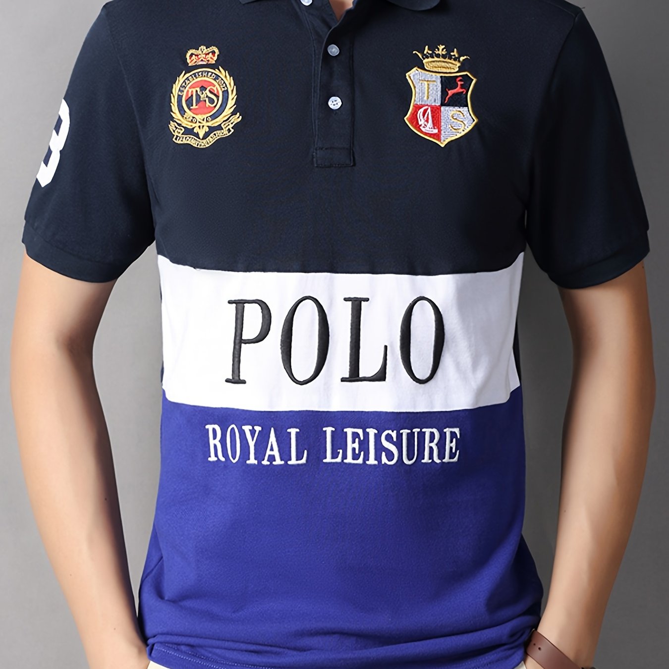 Men's Slit Contrast Slim Cotton Embroidered Polo Shirt