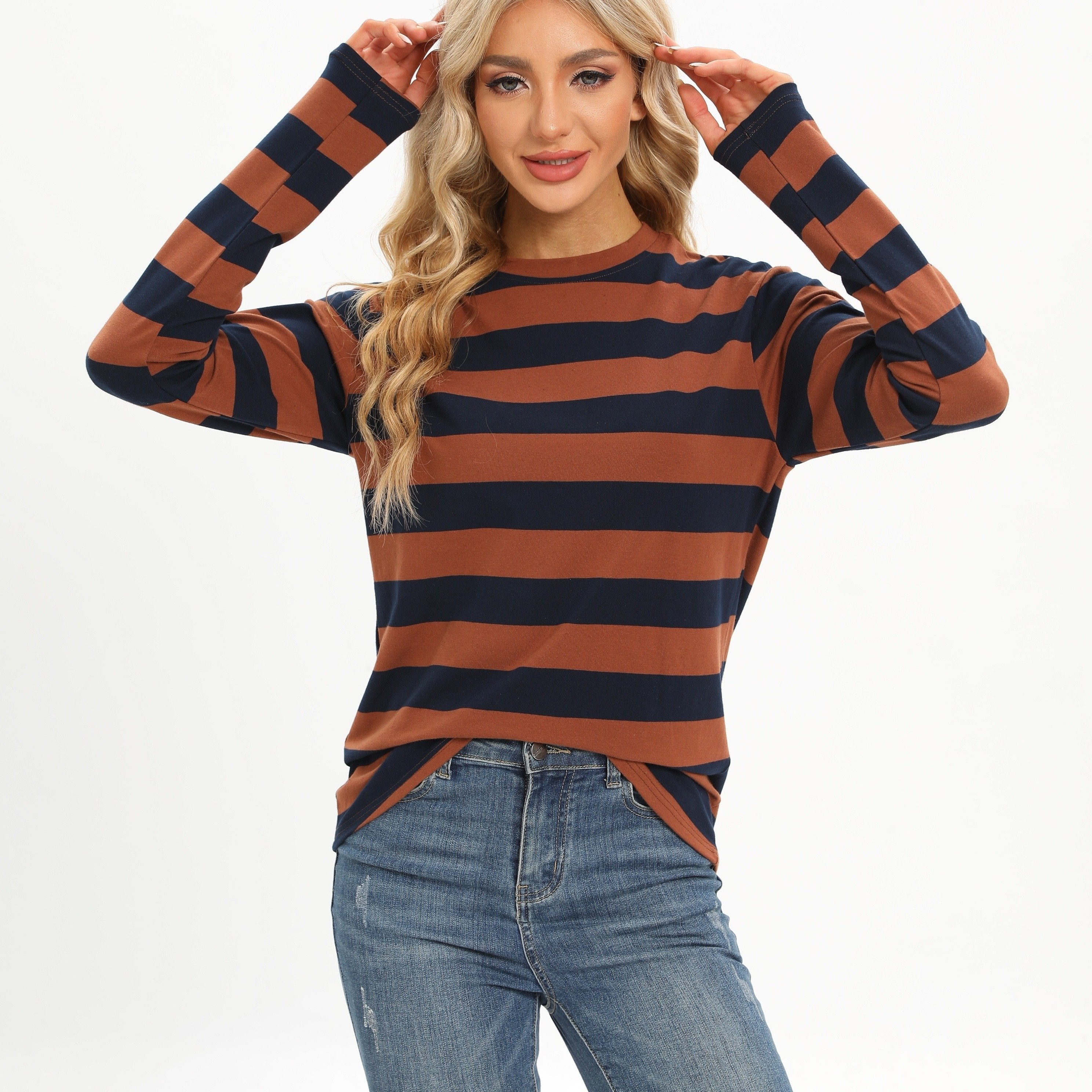 kkboxly  Casual Striped Long Sleeve T-Shirts, Striped T Shirts Crew Neck Tops, Women's Clothing
