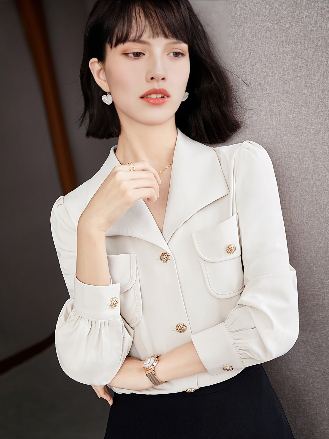 gbolsos  V-neck Loose Lapel Blouses, Casual Button Down Long Sleeve Shirts Tops, Women's Clothing