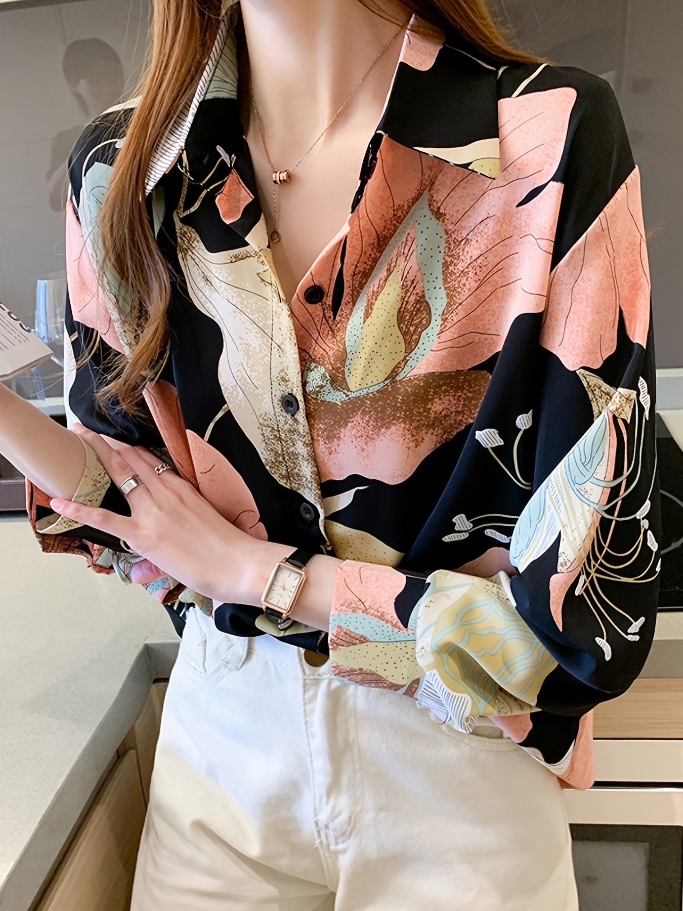 gbolsos  Print V-neck Loose Lapel Blouses, Casual Button Down Long Sleeve Fashion Shirts Tops, Women's Clothing