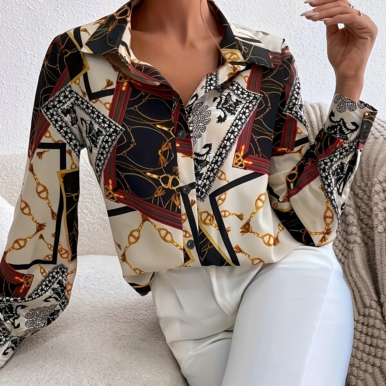 gbolsos  Chain Print V-neck Loose Lapel Blouses, Casual Button Down Long Sleeve Fashion Shirts Tops, Women's Clothing