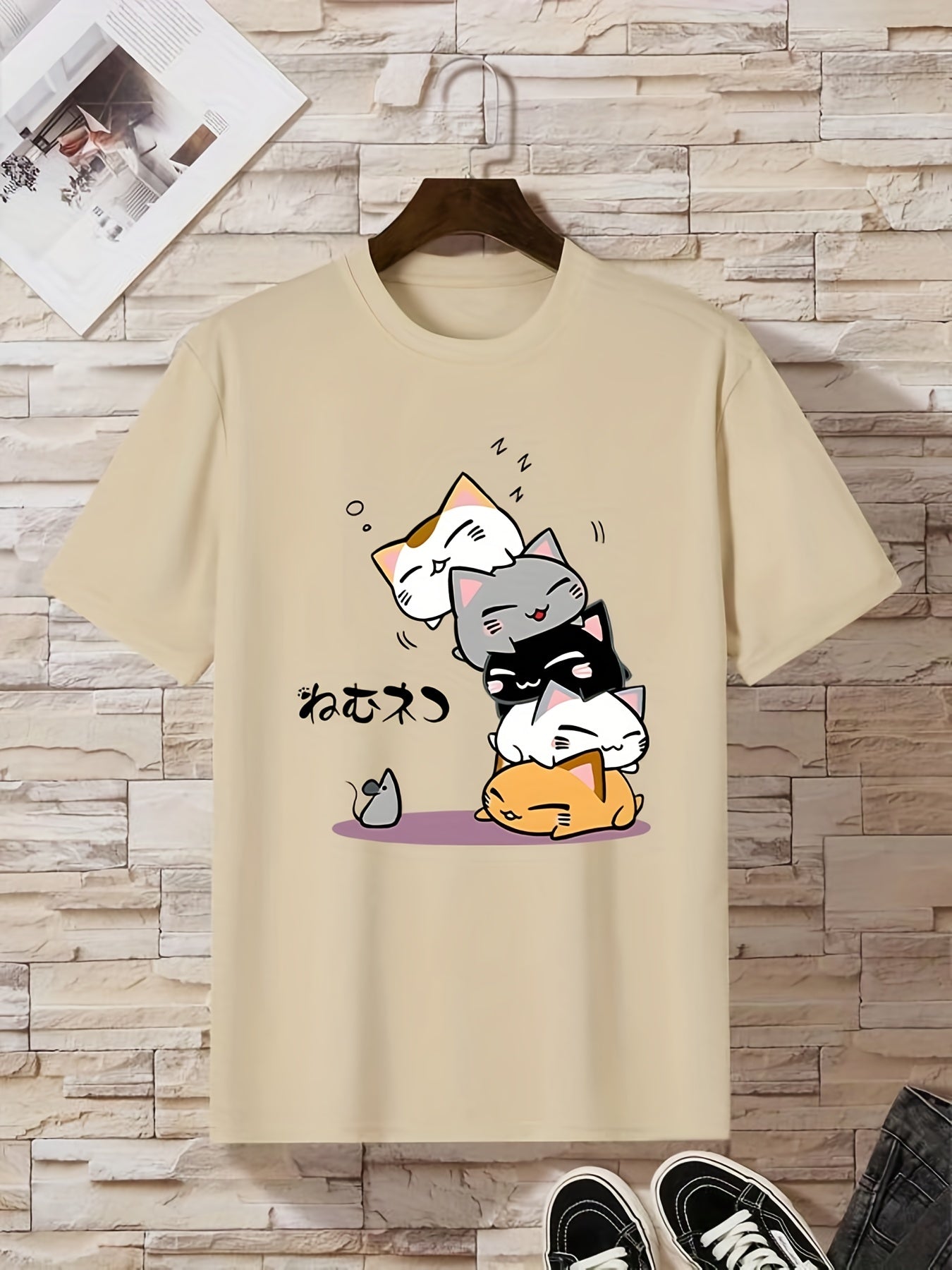 gbolsos  Cute Cartoon Cat Printed T-shirts, Short Sleeve Crew Neck Fashion Graphic Tee, Women's Summer Top
