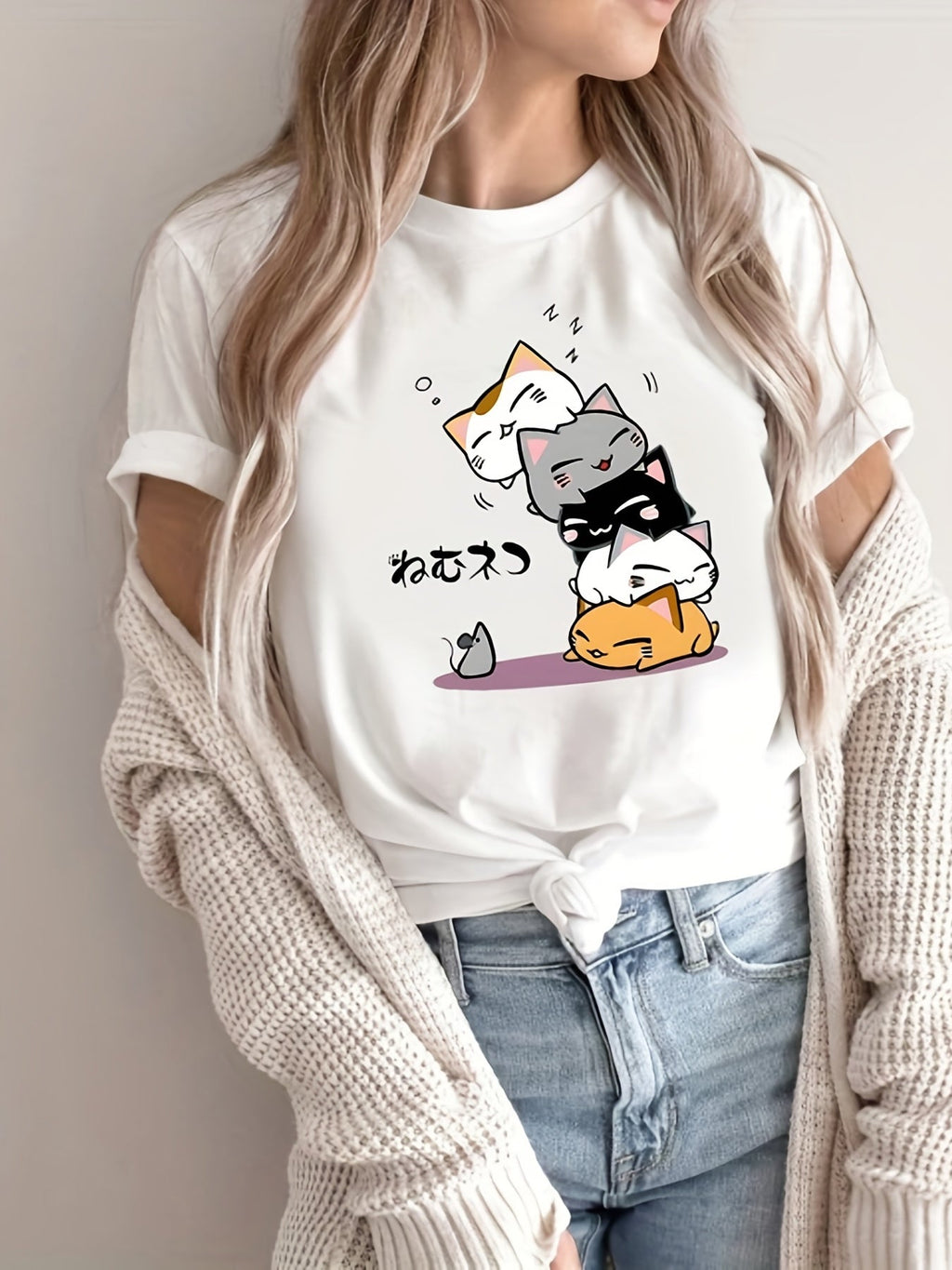 gbolsos  Cute Cartoon Cat Printed T-shirts, Short Sleeve Crew Neck Fashion Graphic Tee, Women's Summer Top