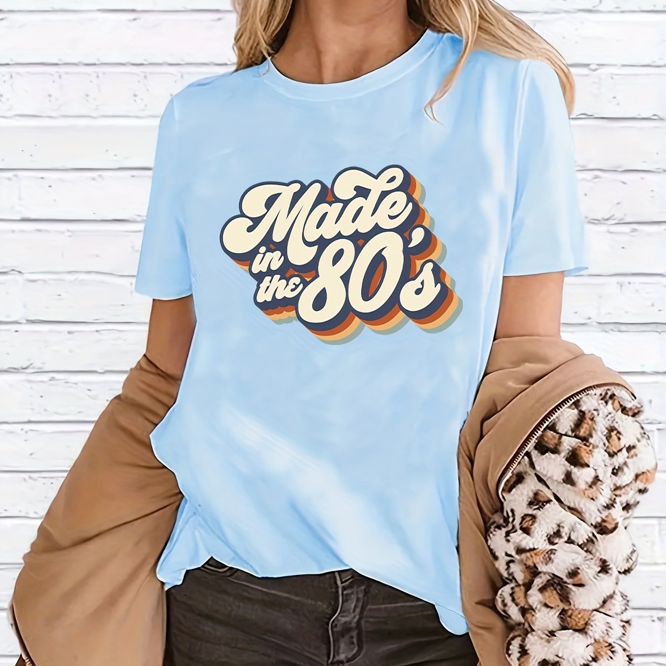 gbolsos  "Made In The 203.2cms" Letter Print T-shirts, Crew Neck Short Sleeve Summer Sports Top, Women's Clothing