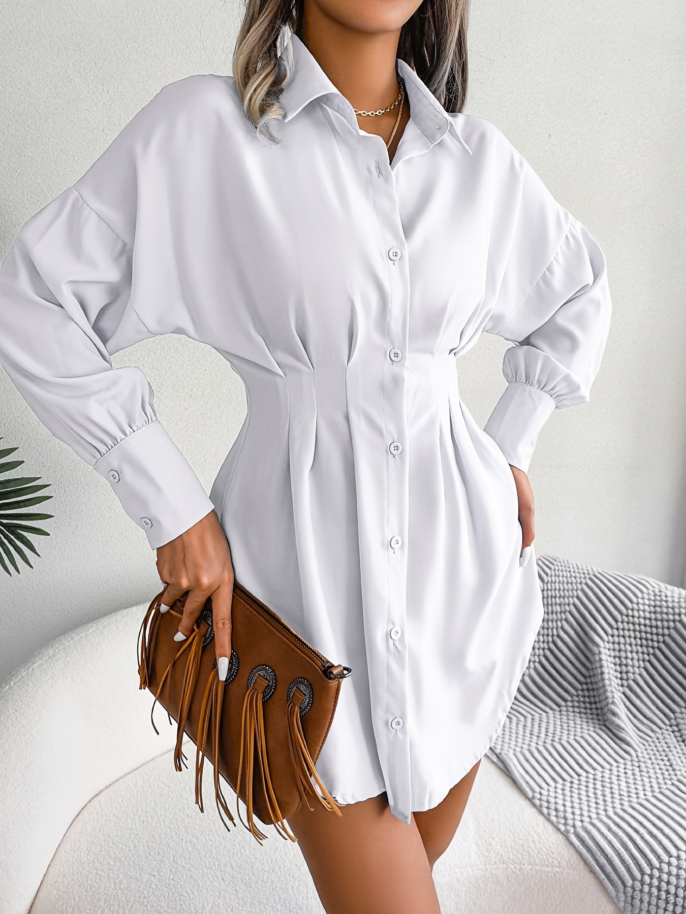 gbolsos  V-neck Loose Lapel Long Blouses, Casual Button Down Lantern Long Sleeve Fashion Long Shirts Tops, Women's Clothing