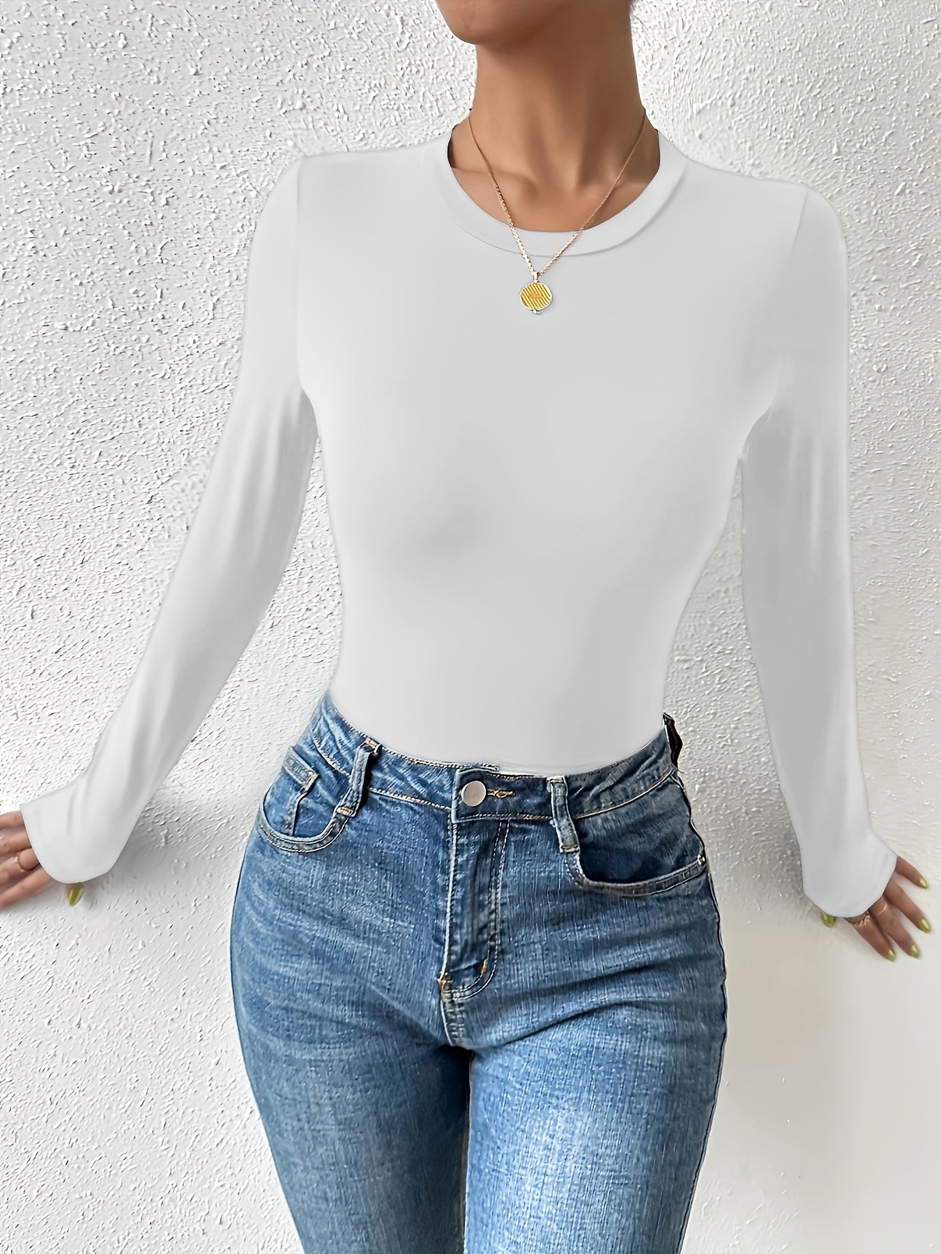Basic Skinny Stretchy Top, Long Sleeve Crew Neck Solid T-Shirts, Casual Every Day Tops, Women's Clothing