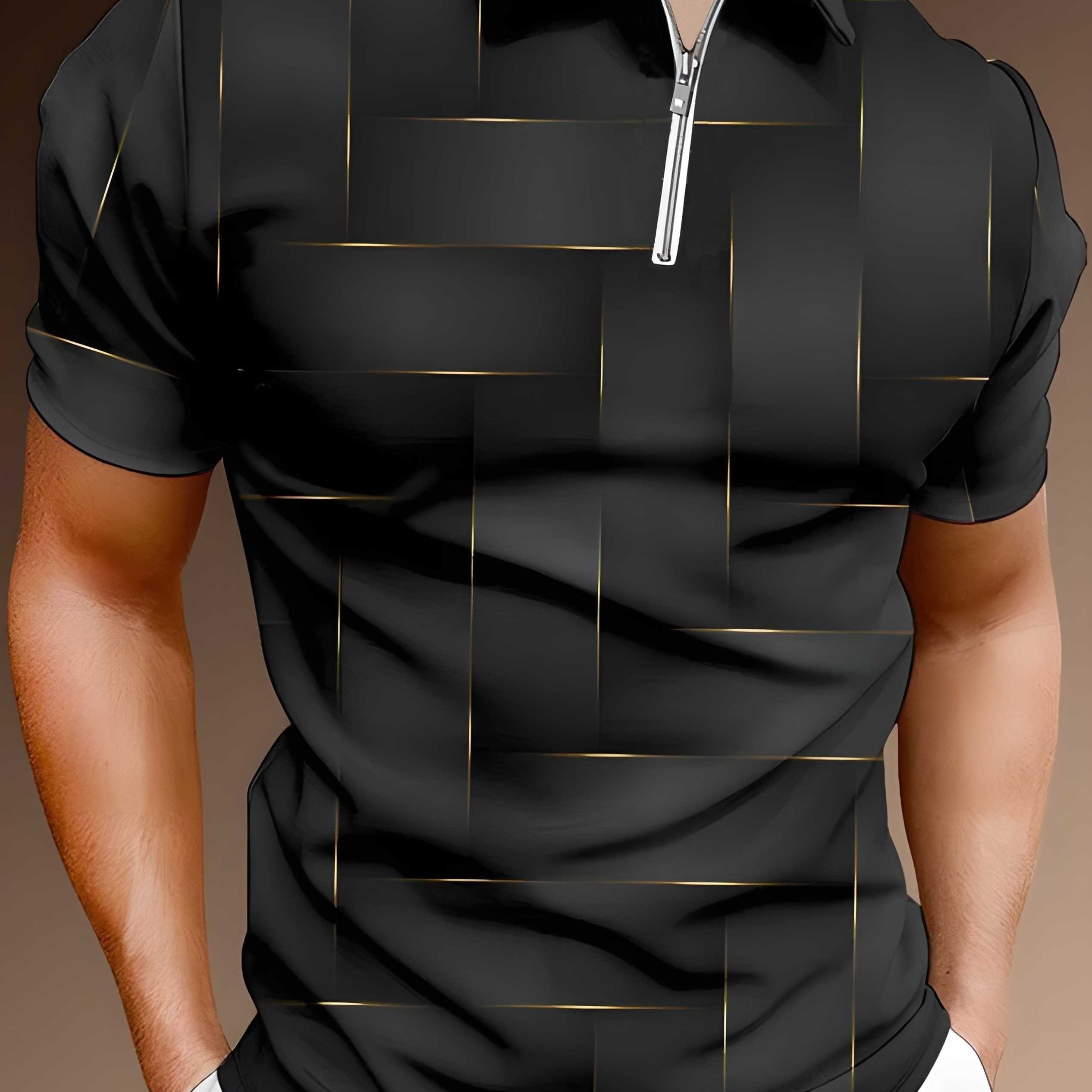 Gradient Geometric Stripe Pattern Print Men's Casual Short Sleeves Zipper Graphic Polo Shirts, Lapel Collar Tops Pullovers, Men's Clothing For Summer