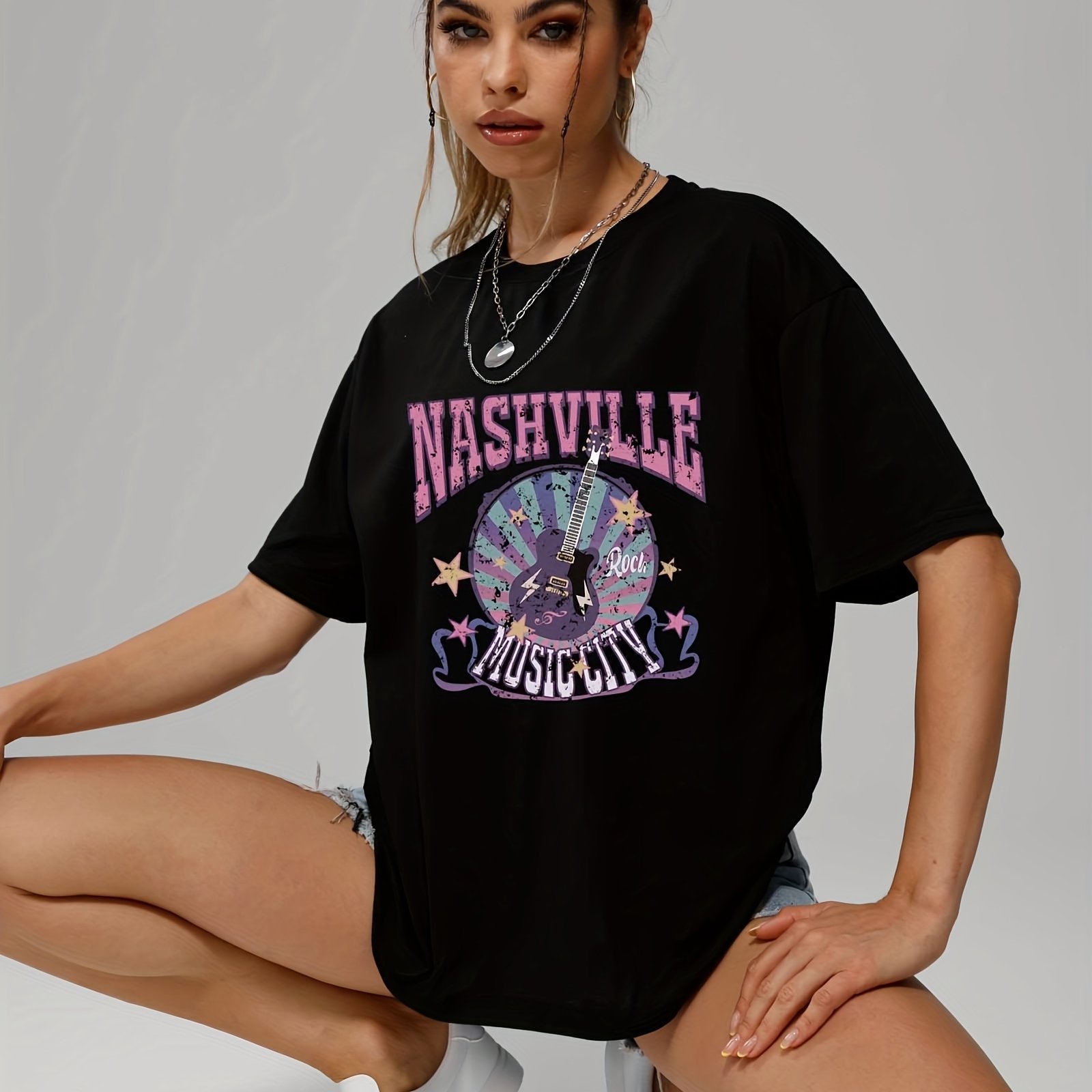 gbolsos  Letter Music City Guitar Graphic Tee For Women, Summer Versatile Crew Neck Casual Sports T-shirts, Women's Athleisure