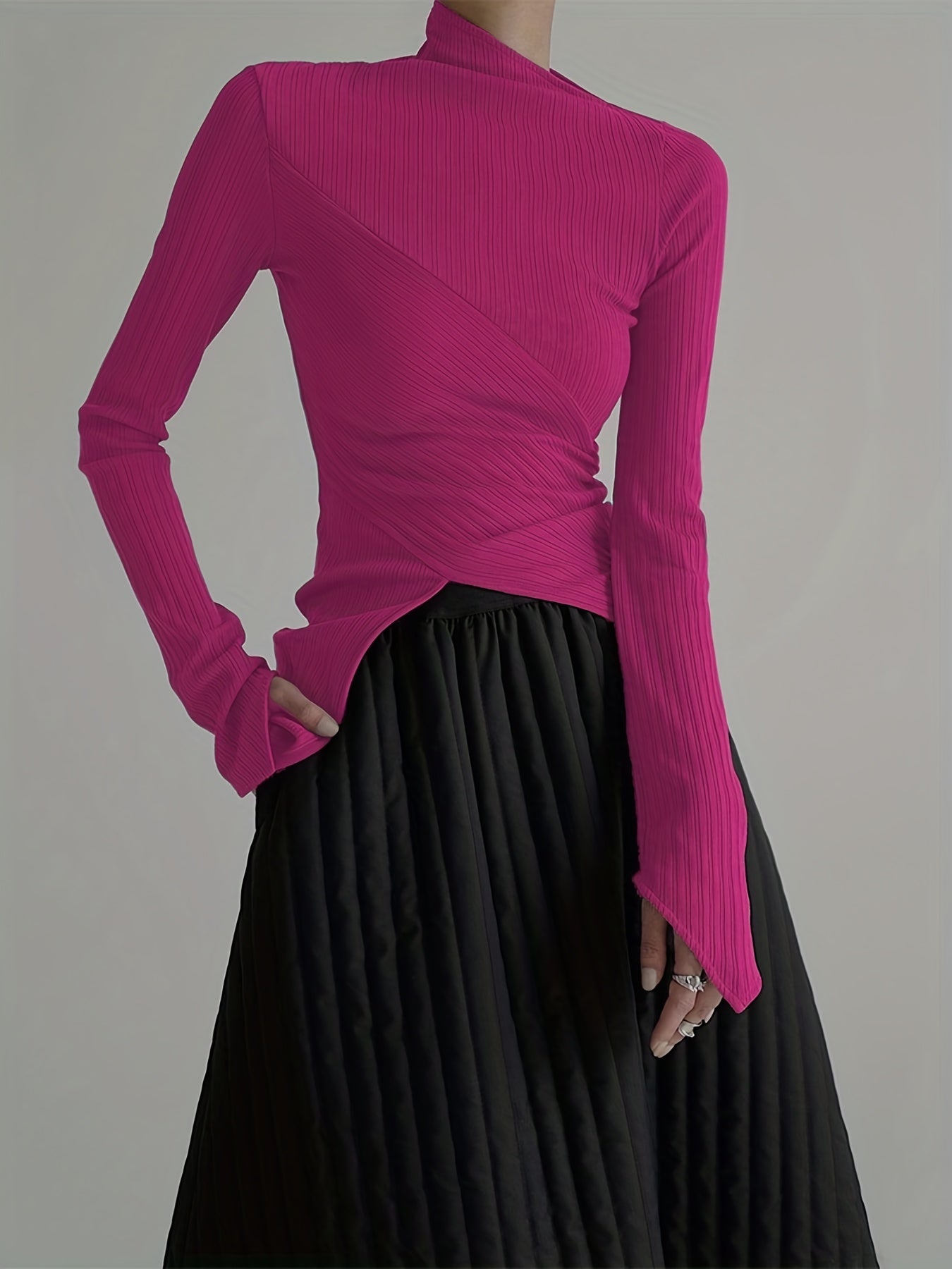 gbolsos  Elegant Long Sleeve Basic  T-Shirts, Solid Casual  T-Shirts For Spring & Fall, Women's Clothing