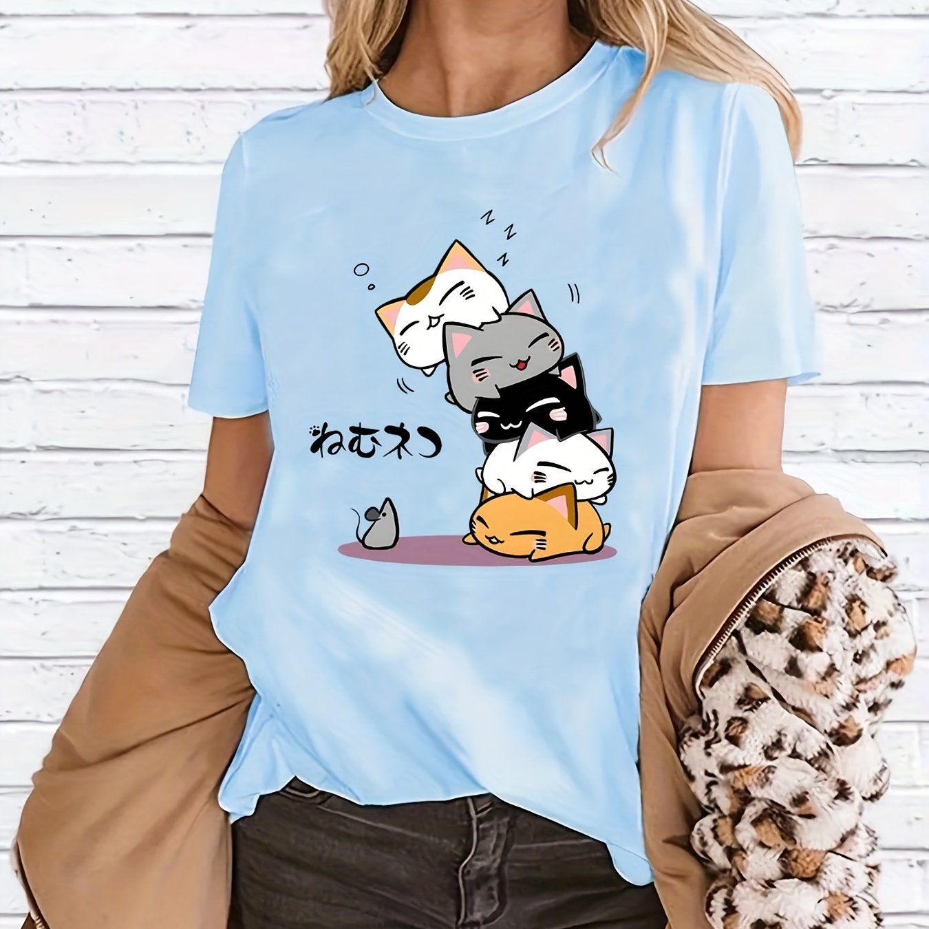 gbolsos  Cute Cartoon Cat Printed T-shirts, Short Sleeve Crew Neck Fashion Graphic Tee, Women's Summer Top