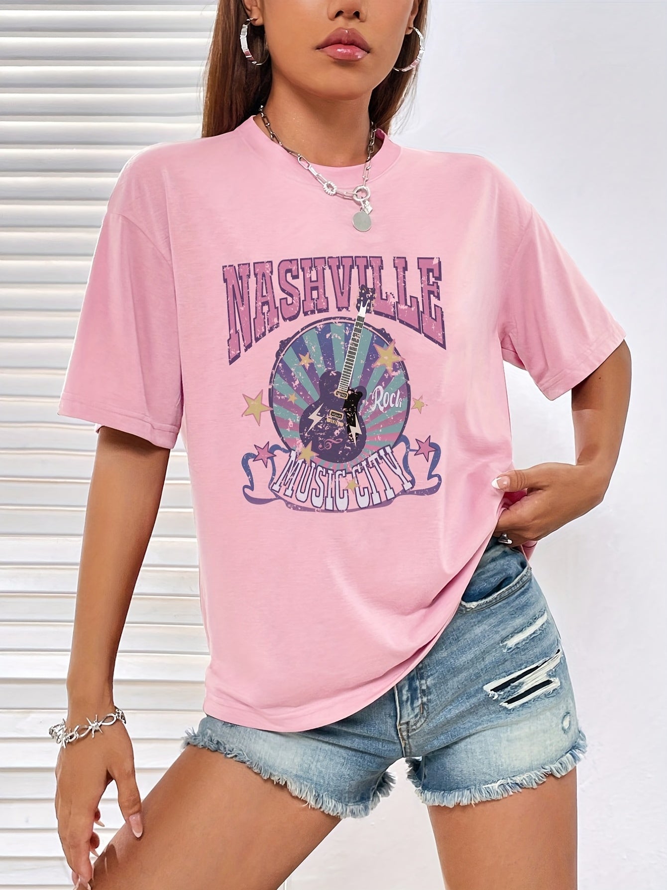 gbolsos  Letter Music City Guitar Graphic Tee For Women, Summer Versatile Crew Neck Casual Sports T-shirts, Women's Athleisure