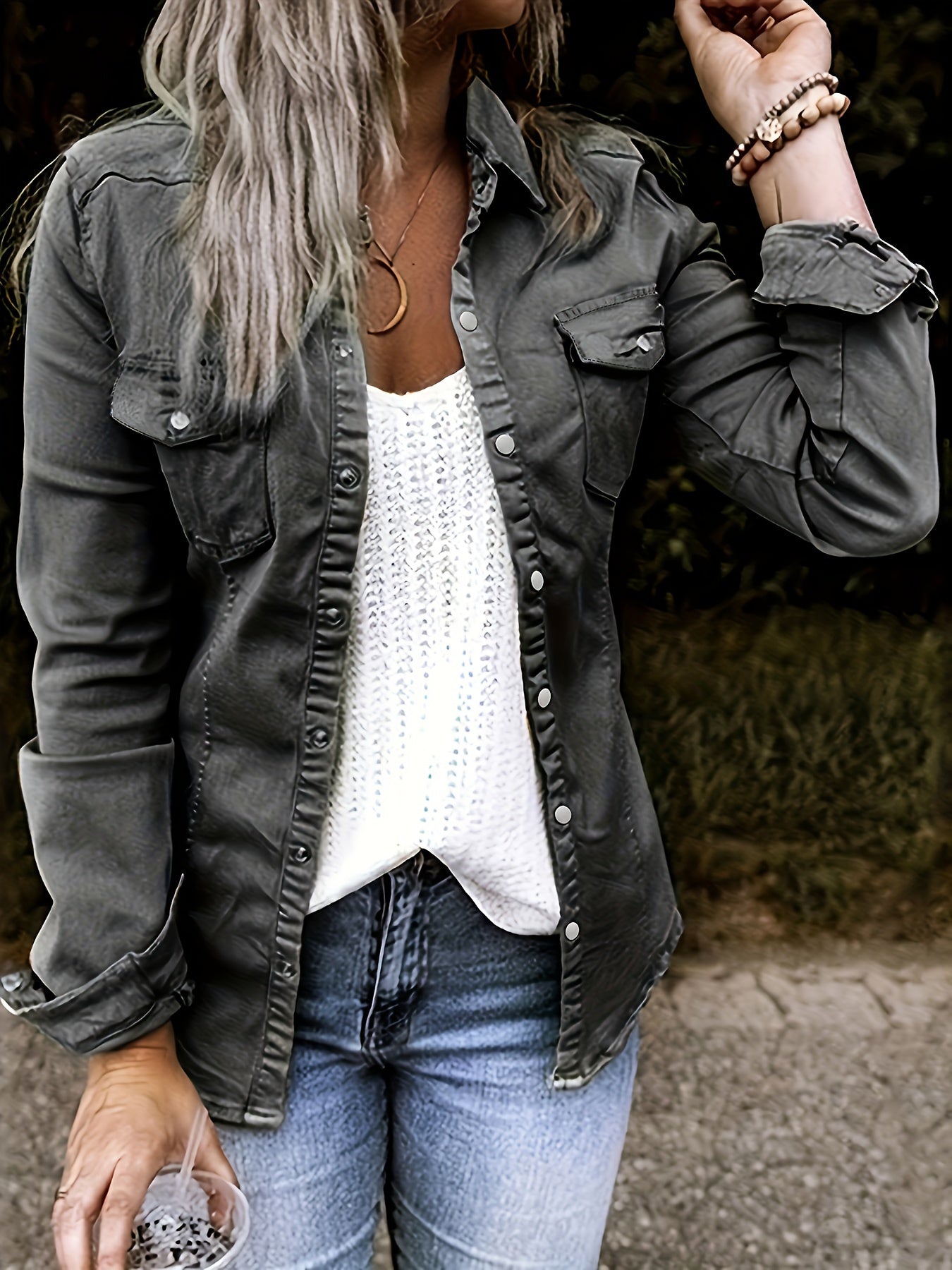 Solid Color Single-breasted Casual Denim Shirts Top, Lapel Long Sleeve Flap Pocket Denim Top, Women's Denim Jeans & Clothing