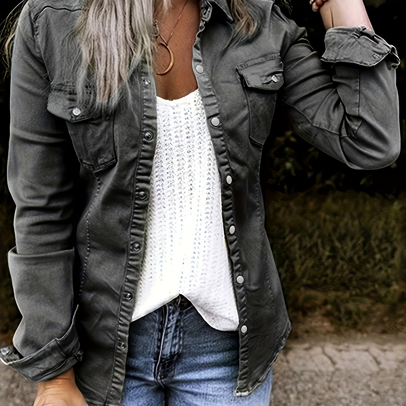 Solid Color Single-breasted Casual Denim Shirts Top, Lapel Long Sleeve Flap Pocket Denim Top, Women's Denim Jeans & Clothing