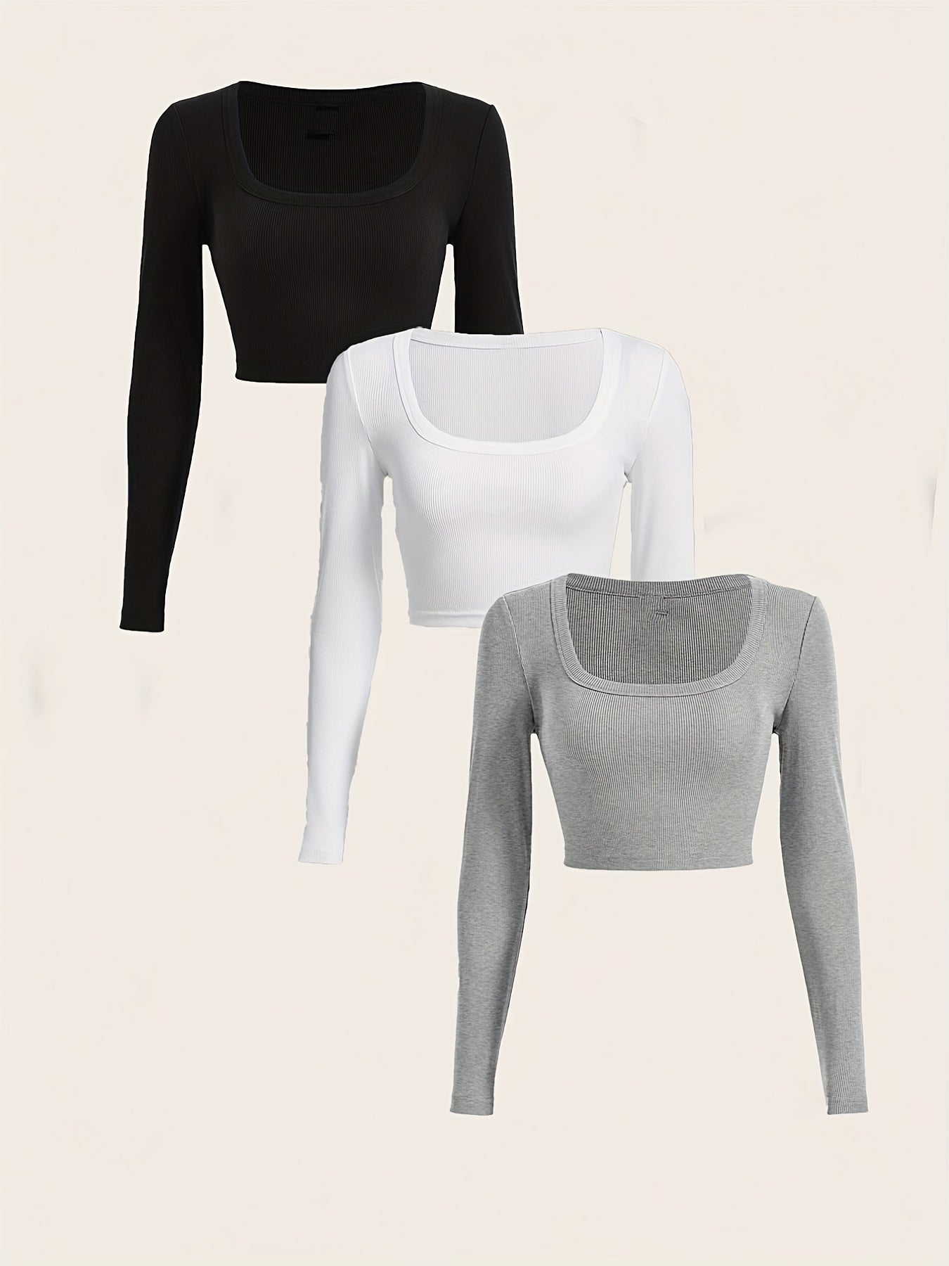 gbolsos  3 Packs Ribbed Square Neck Crop T-Shirts, Casual Long Sleeve Top For Spring & Fall, Women's Clothing