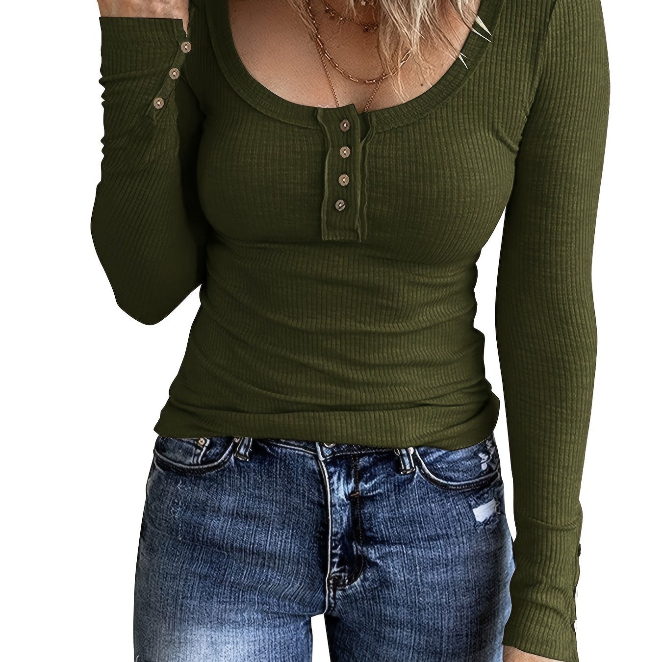 kkboxly  Casual Button Scoop Neck T-shirt, Loose Long Sleeve Slim Fit Fashion T-Shirts Tops, Women's Clothing