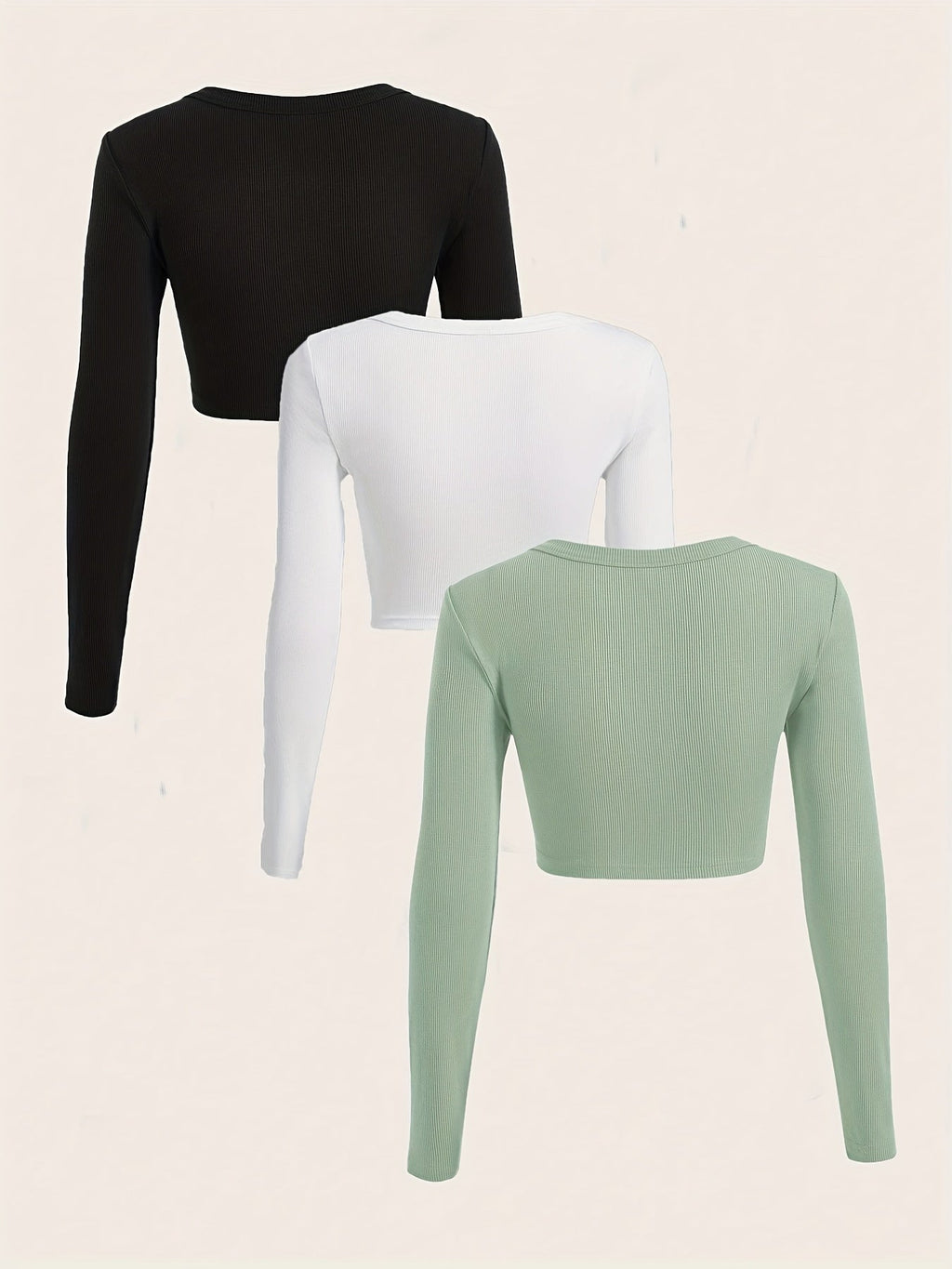 gbolsos  3 Packs Ribbed Square Neck Crop T-Shirts, Casual Long Sleeve Top For Spring & Fall, Women's Clothing