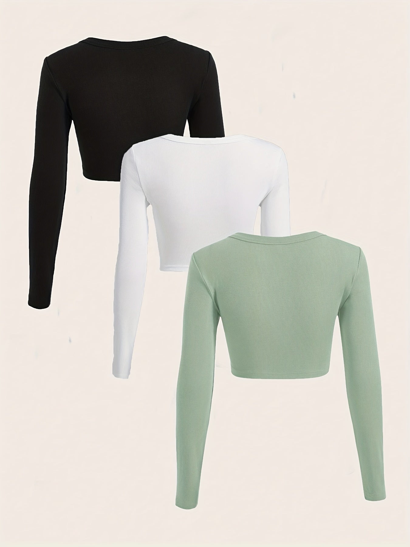 gbolsos  3 Packs Ribbed Square Neck Crop T-Shirts, Casual Long Sleeve Top For Spring & Fall, Women's Clothing