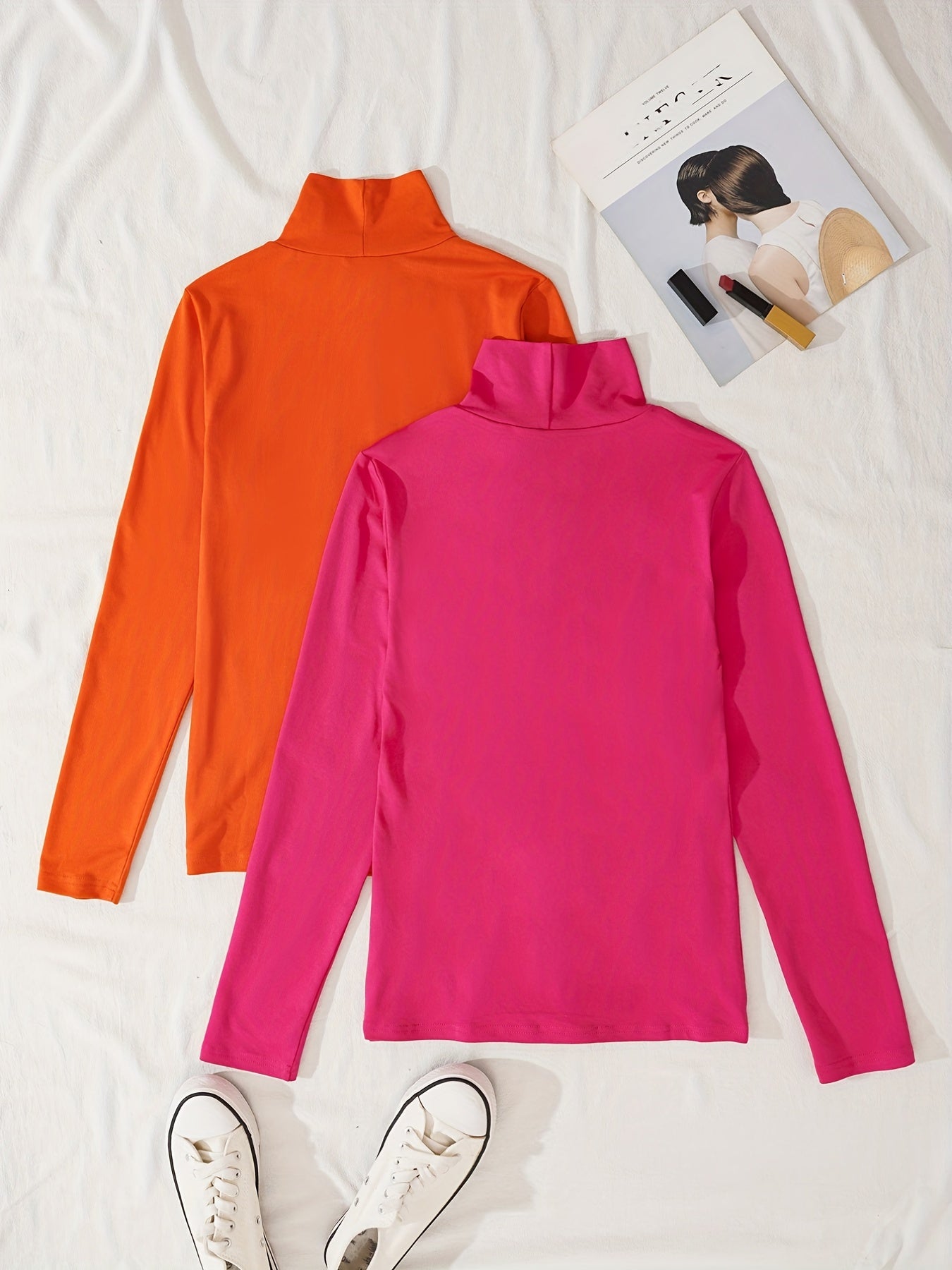 gbolsos  2 Pieces Turtle Neck T-Shirts, Versatile Long Sleeve T-Shirts For Spring & Fall, Women's Clothing