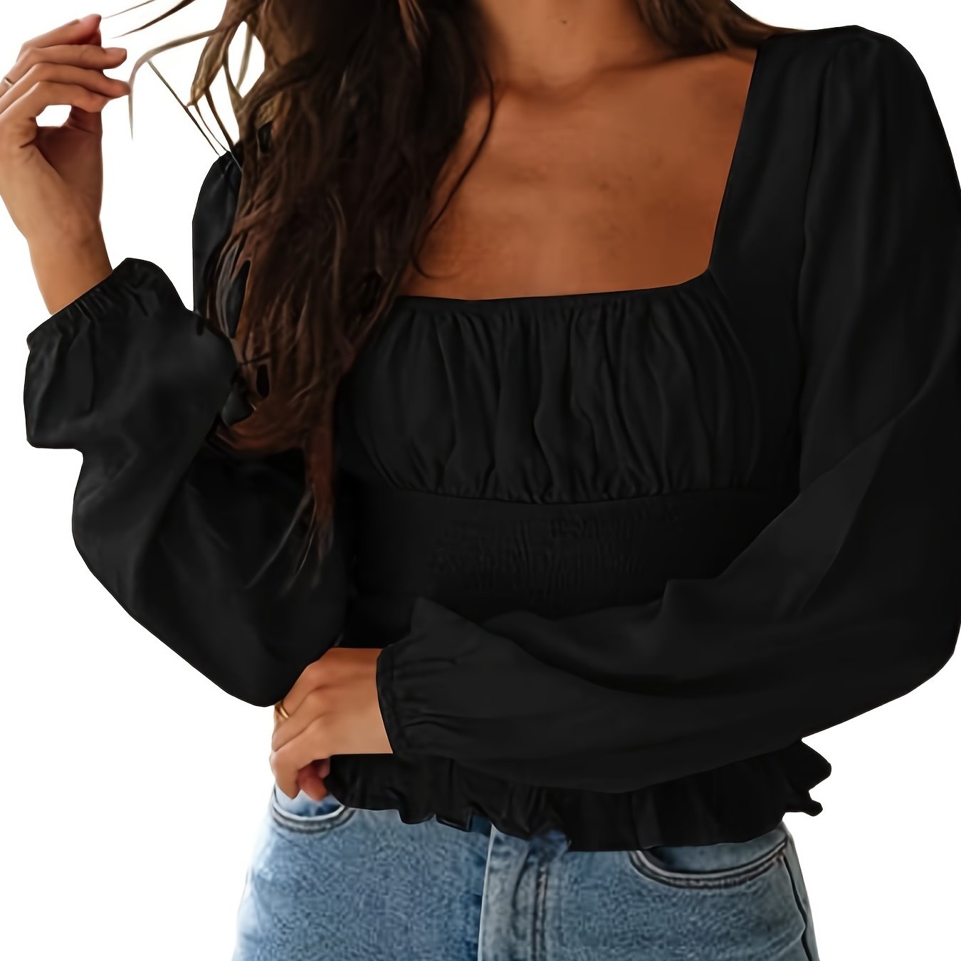 Square Neck Frill Smock Crop Blouses, Sexy Shirred Long Sleeve Fashion Shirts Crop Tops, Women's Clothing