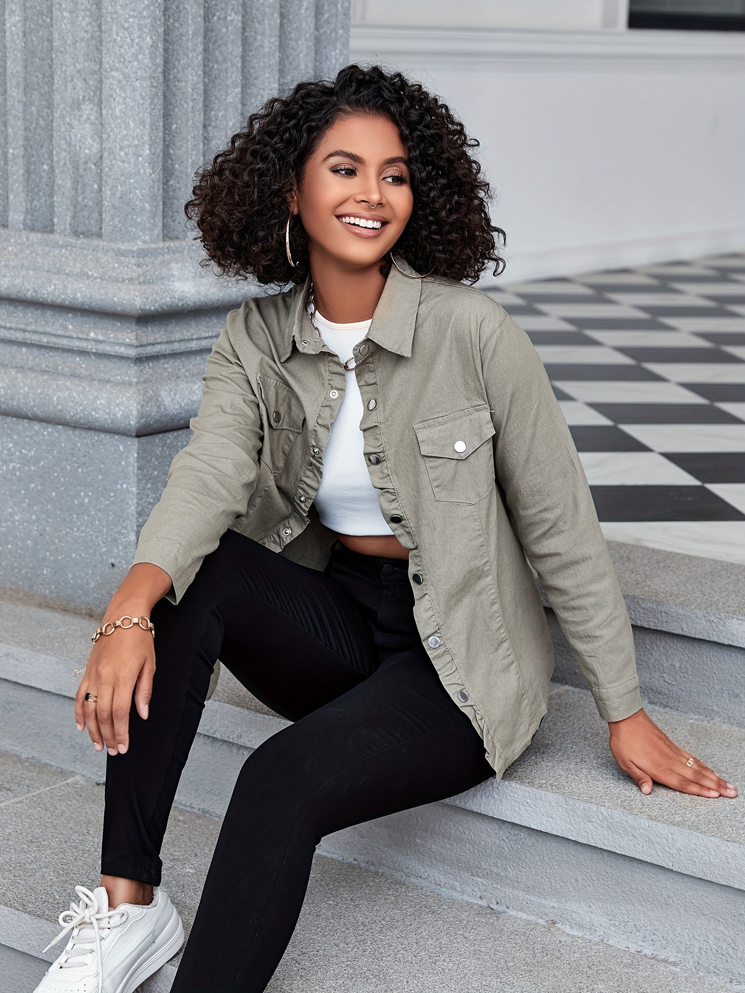 Solid Color Single-breasted Casual Denim Shirts Top, Lapel Long Sleeve Flap Pocket Denim Top, Women's Denim Jeans & Clothing