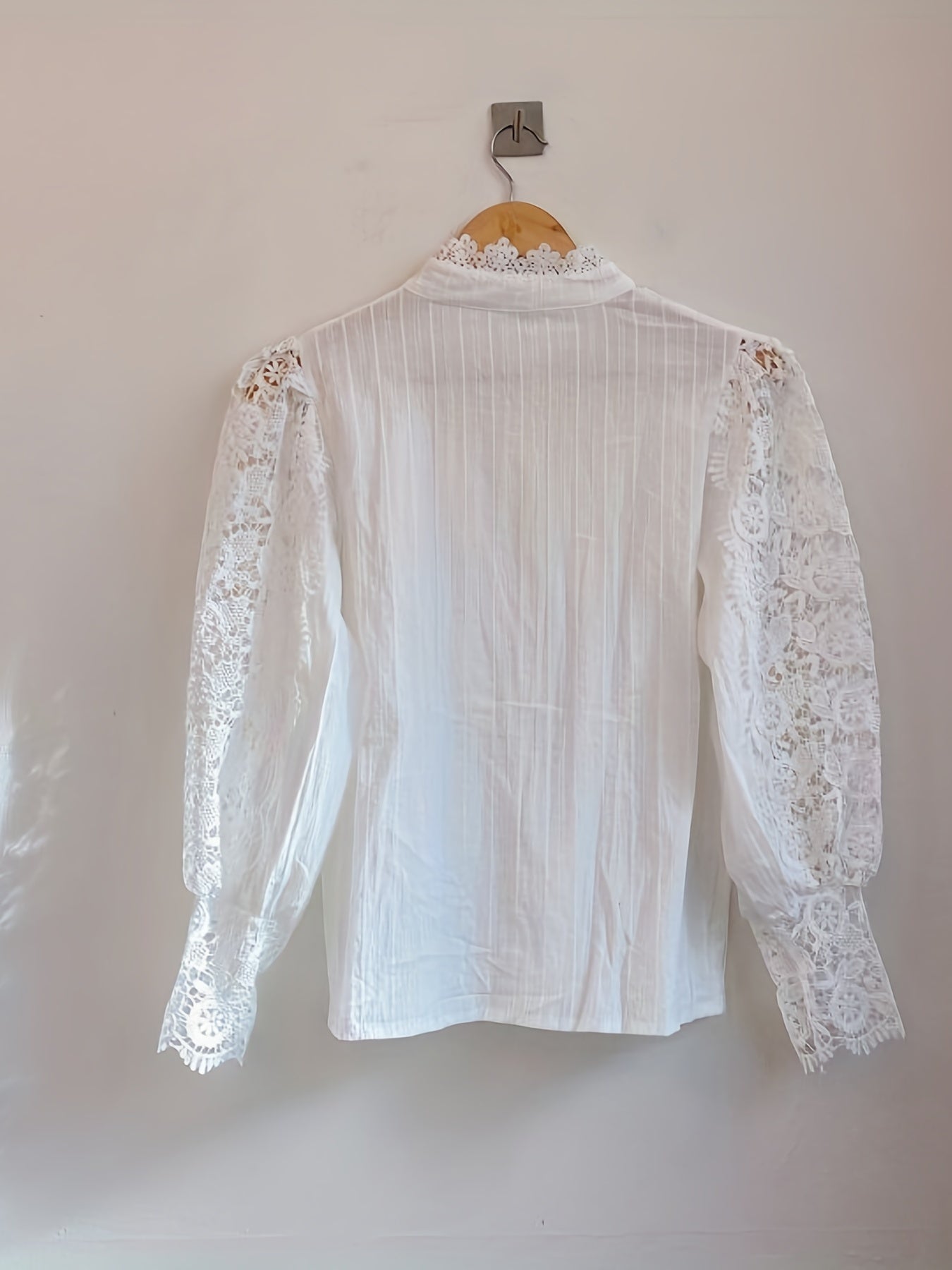 gbolsos  Women's Blouse White Lace Patchwork Shirt  Long Sleeve Hollow Out Vintage Slim Shirts Button Top Blouse
