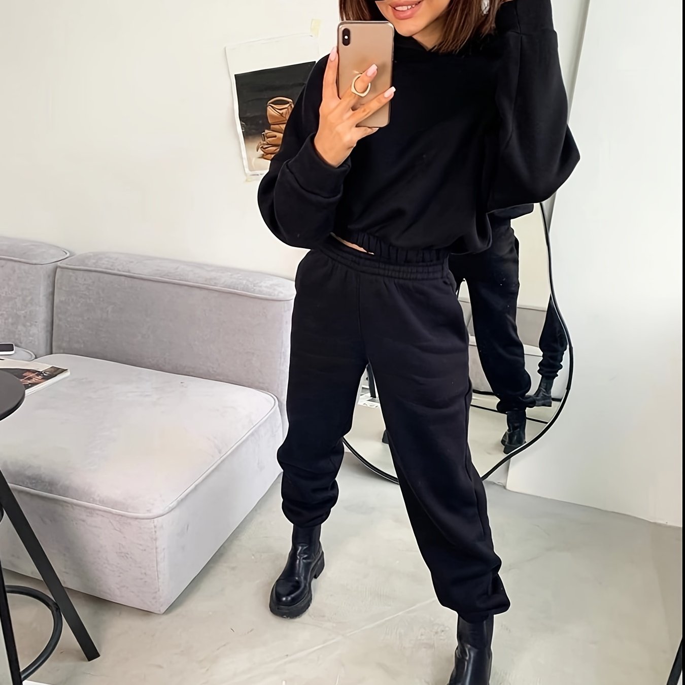 gbolsos  2pcs Solid Color Casual Suits, Long Sleeve Hooded Sweatshirts & High Waist Slant Pockets Jogger Pants Set, Women's Clothing