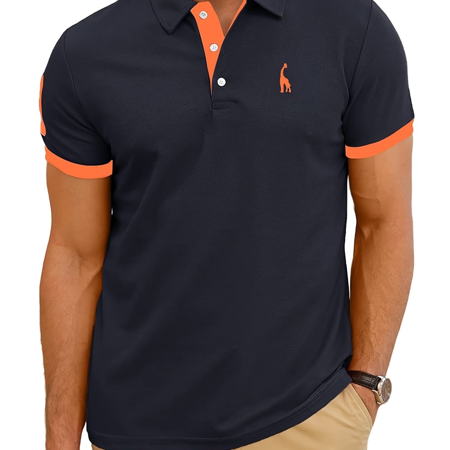 Men's Casual Slim Fit Embroidered Striped Polo Shirt