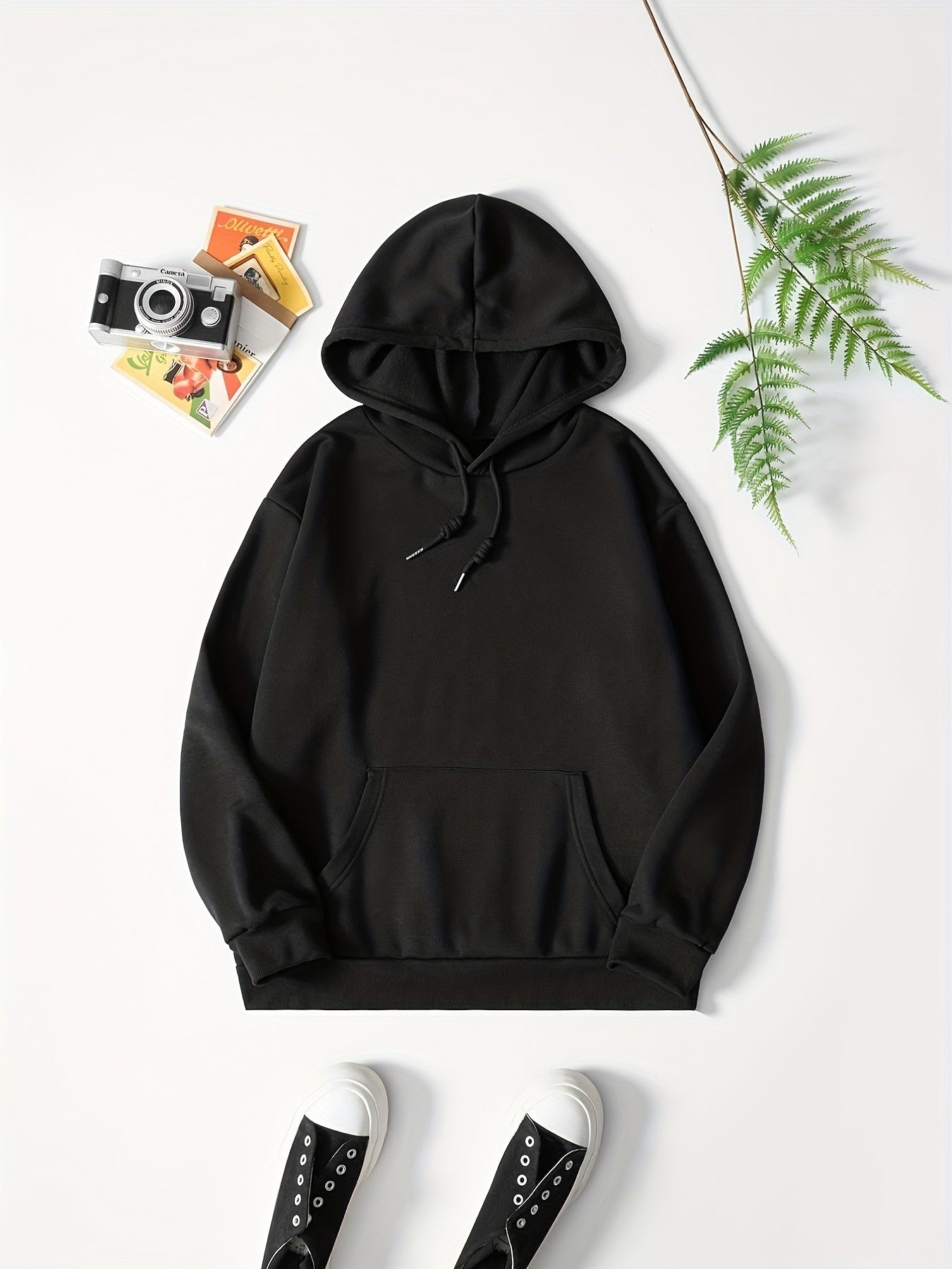 gbolsosSolid Color Casual Sports Hooded Sweatshirts, Front Pocket Drawstring Hoodie, Women's Sporty Sweatshirts