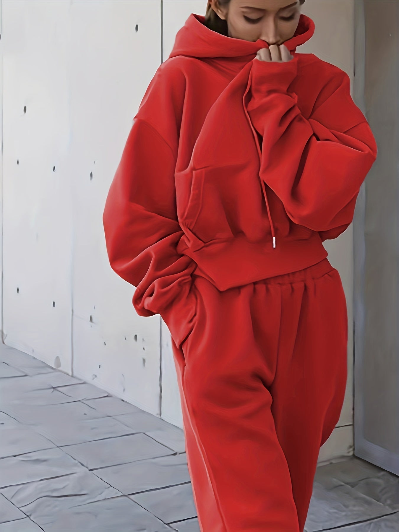 gbolsos  2pcs Athleisure Set, Oversized Solid Hooded Pocket Drawstring Sweatshirts & Sweatpants Sets, Women's Clothing