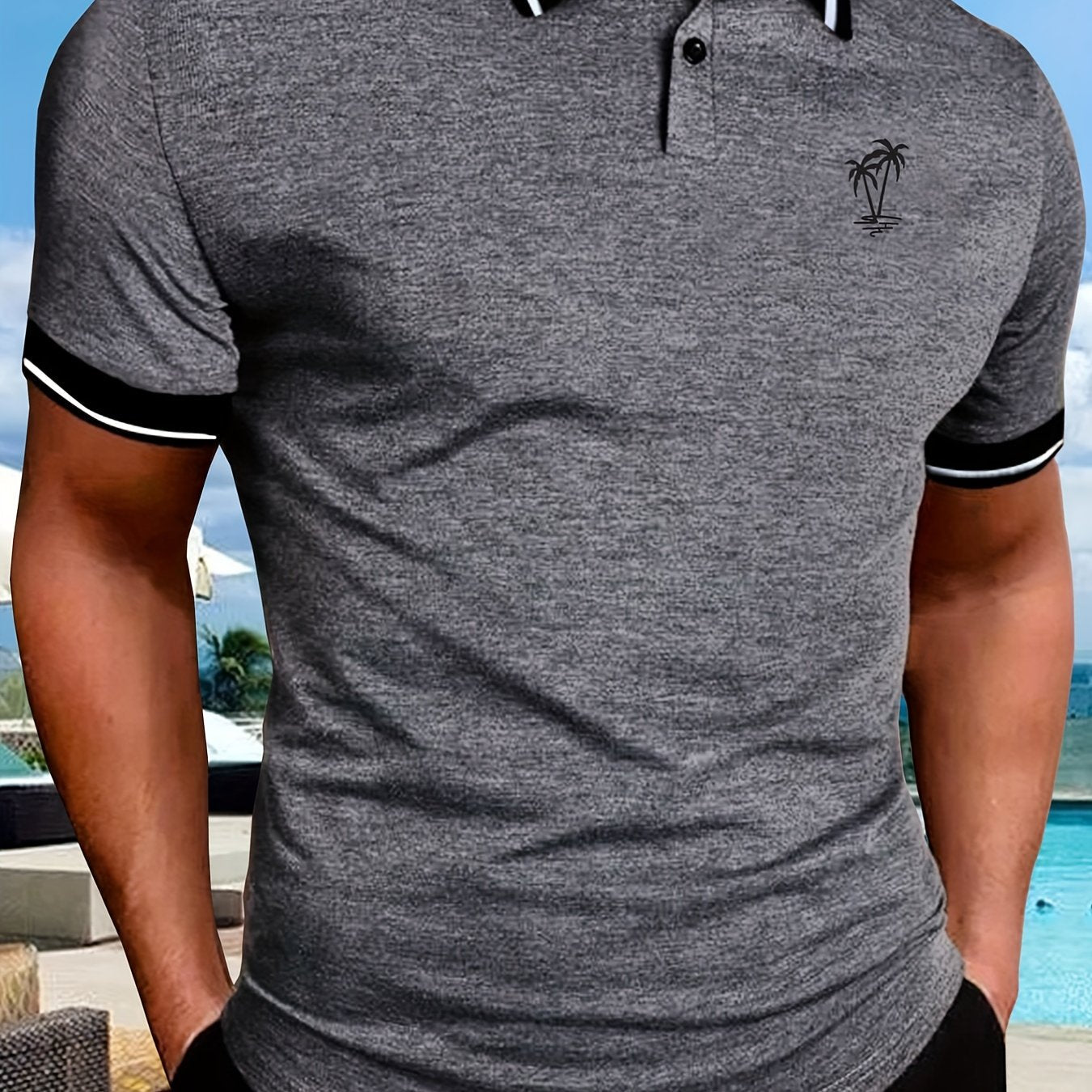 Casual Short Sleeves Button Up Graphic Polo Shirts, V-neck Tops Pullovers, Men's Clothing For Summer