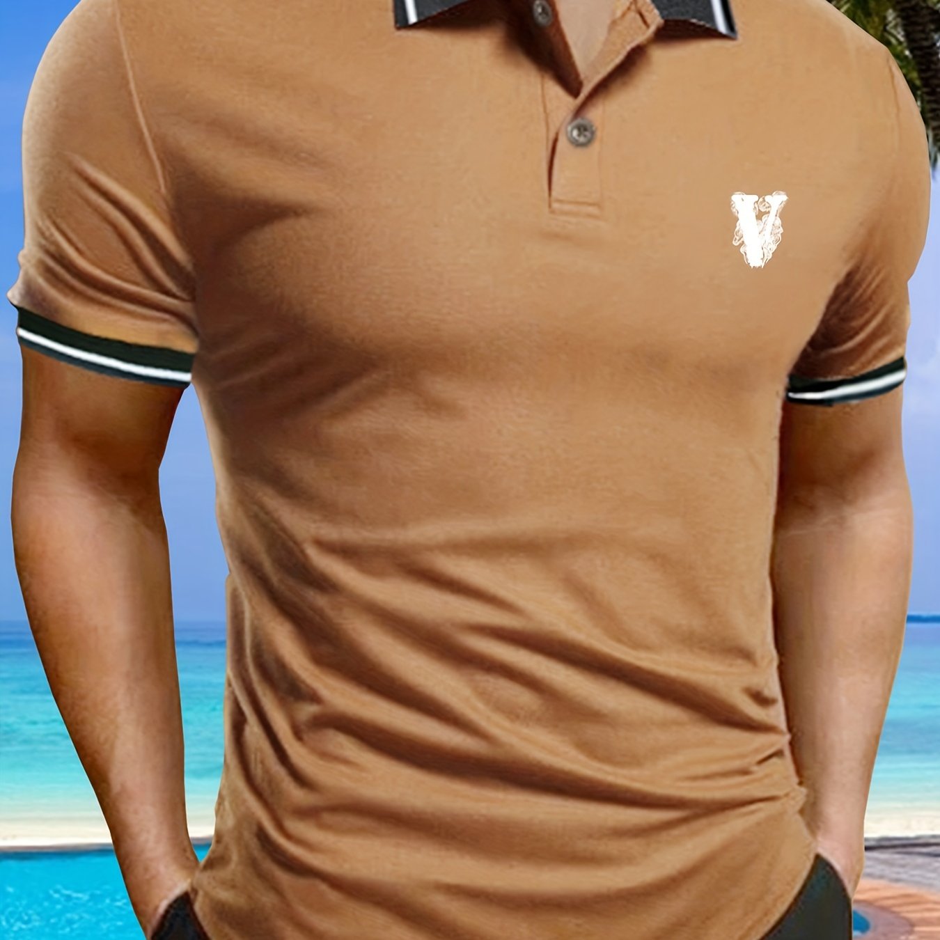Casual Short Sleeves Button Up Graphic Polo Shirts, V-neck Tops Pullovers, Men's Clothing For Summer