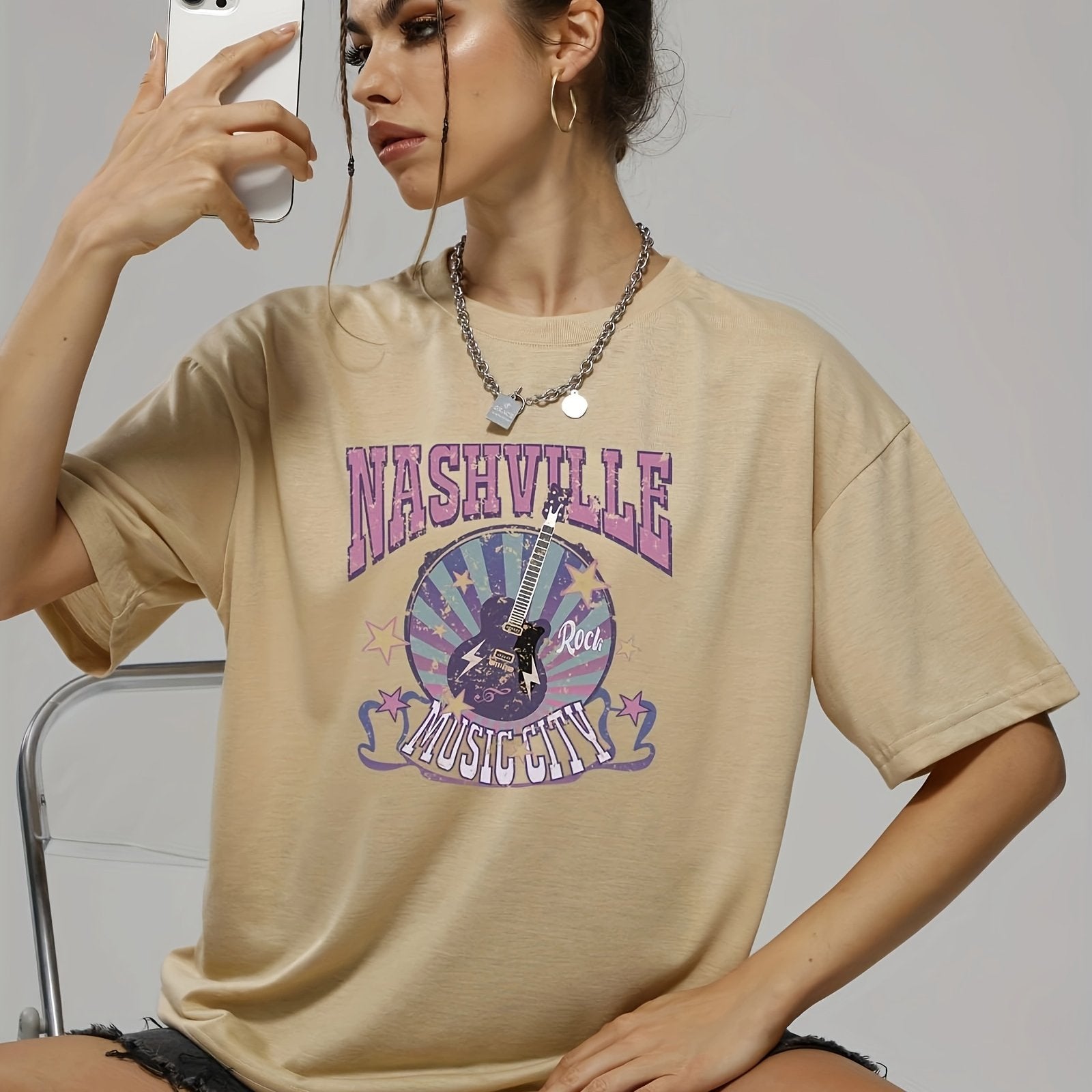 gbolsos  Letter Music City Guitar Graphic Tee For Women, Summer Versatile Crew Neck Casual Sports T-shirts, Women's Athleisure