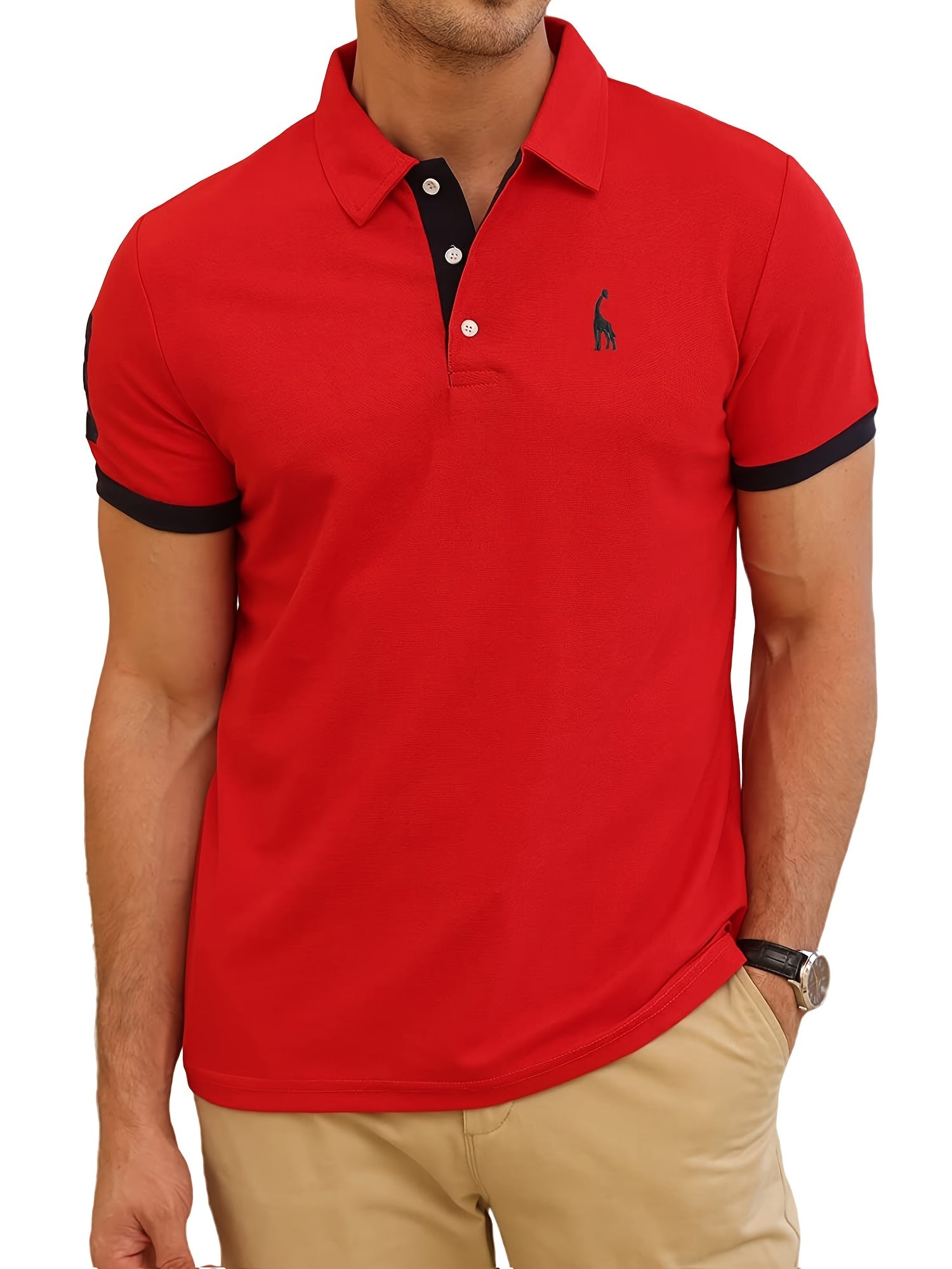 Men's Casual Slim Fit Embroidered Striped Polo Shirt