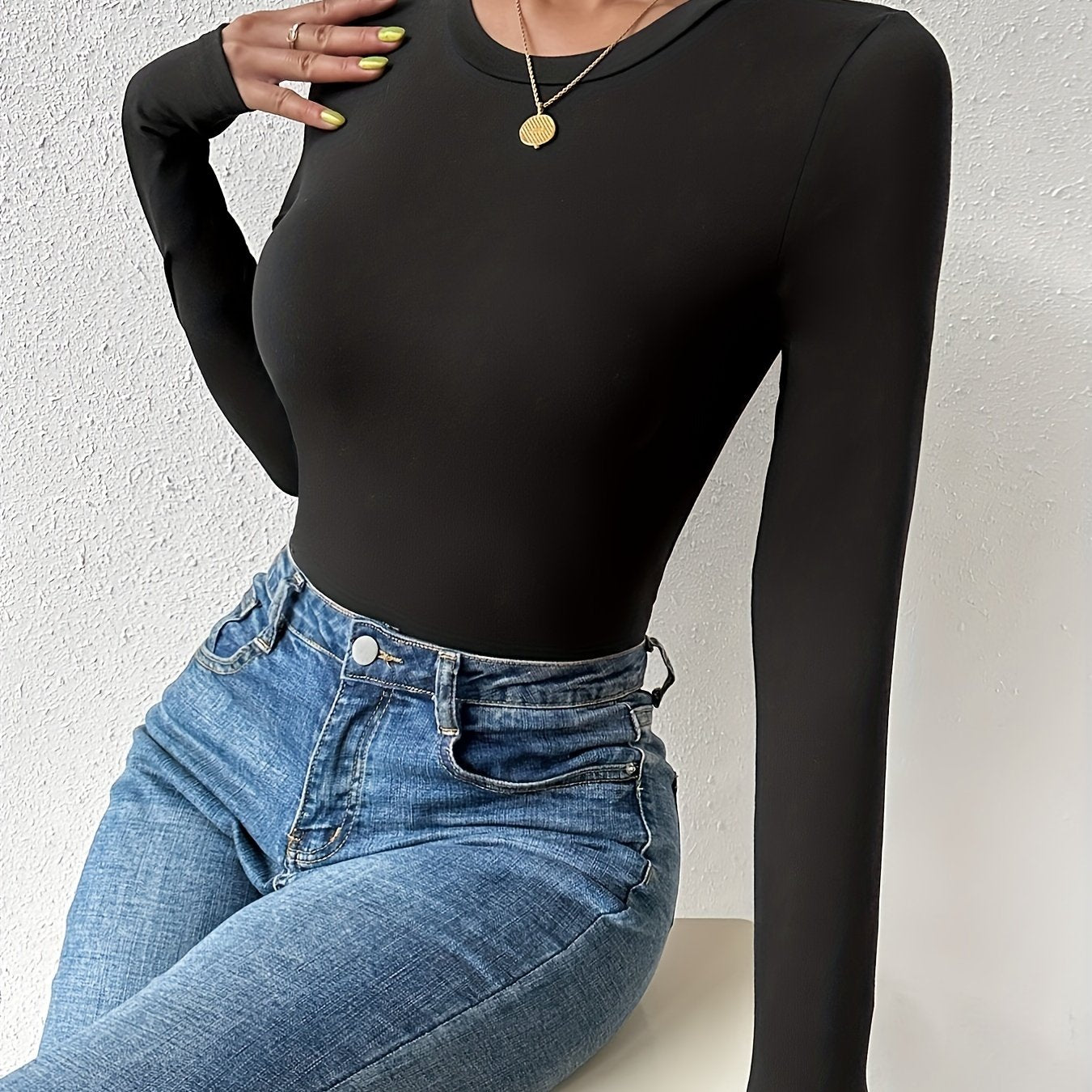 Basic Skinny Stretchy Top, Long Sleeve Crew Neck Solid T-Shirts, Casual Every Day Tops, Women's Clothing