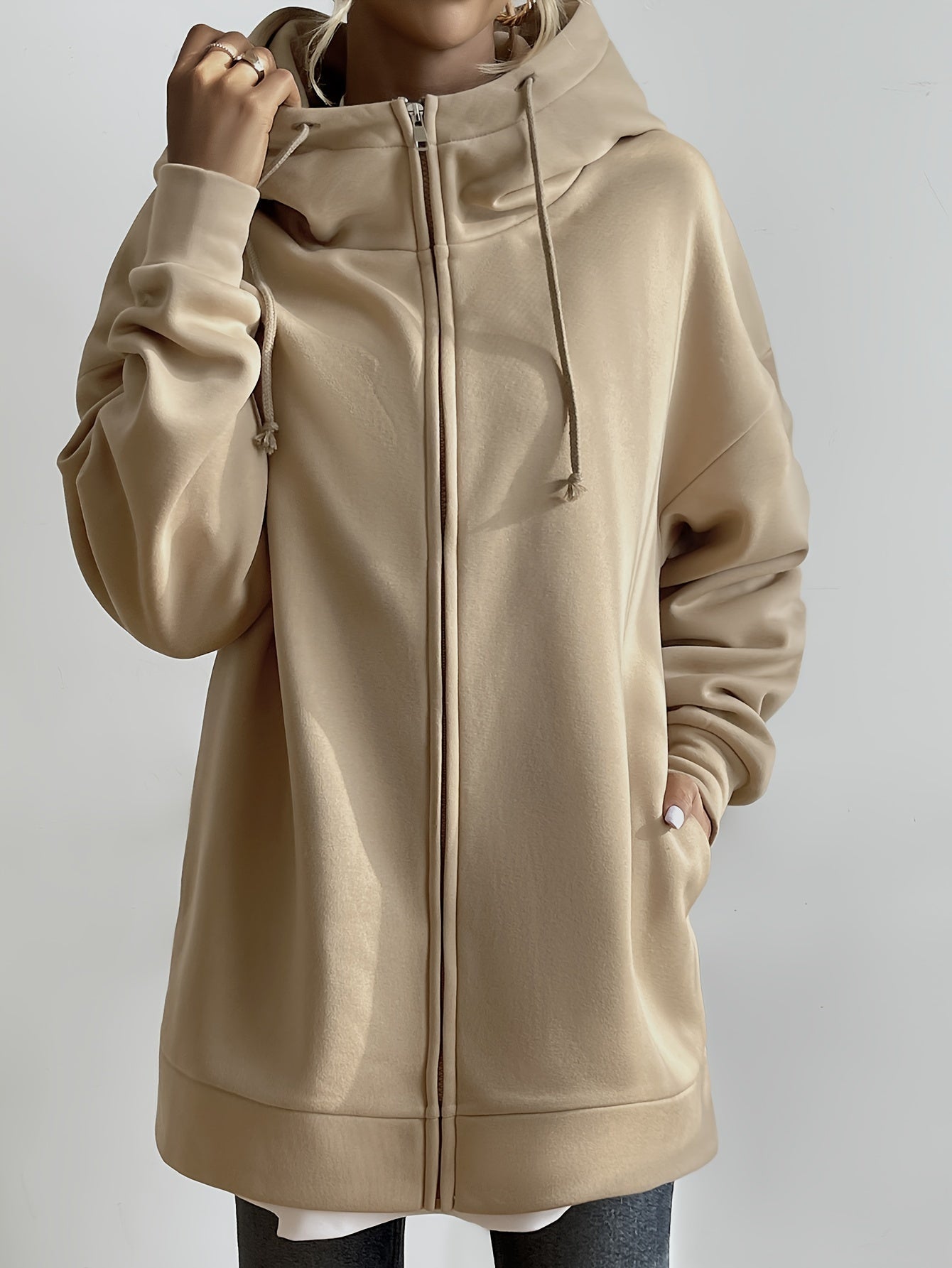 gbolsosSolid Color Casual Sports Hooded Zipper Sweatshirs, Long Sleeve Drawstring Hoodie, Women's Sporty Sweatshirts
