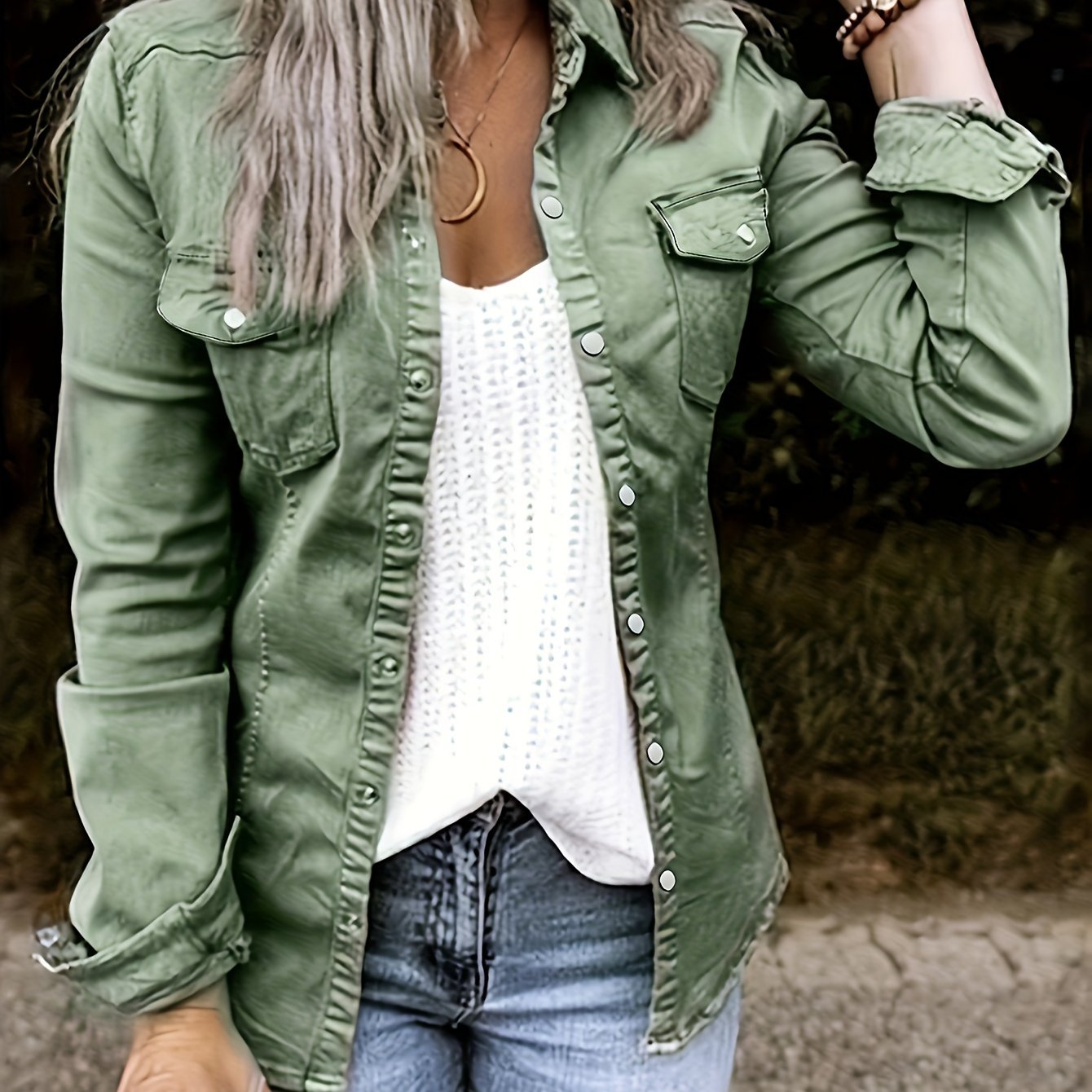 Solid Color Single-breasted Casual Denim Shirts Top, Lapel Long Sleeve Flap Pocket Denim Top, Women's Denim Jeans & Clothing