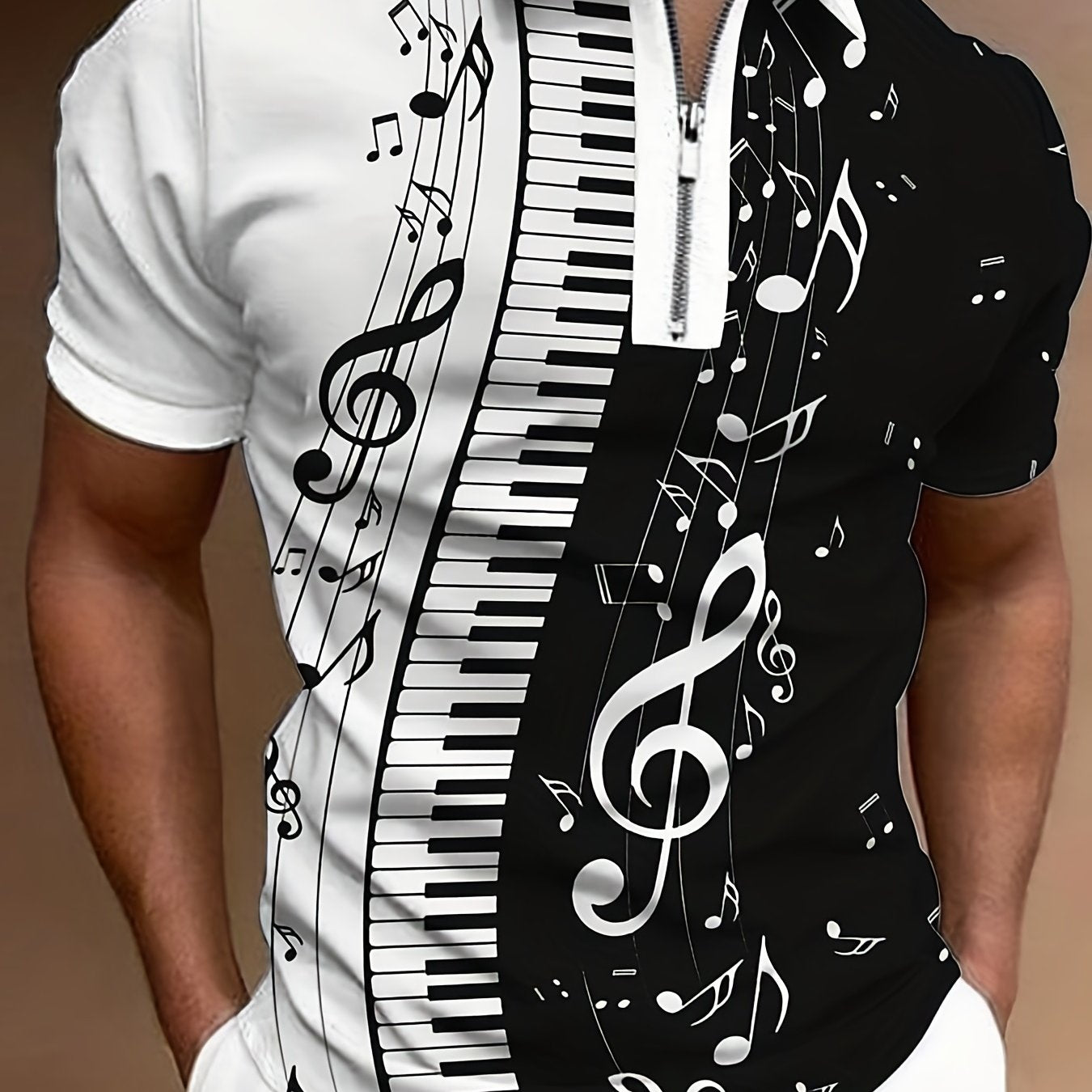 Piano Keys Music Casual Short Sleeves Polo Shirts, Zipper V-neck Tee, Men's Comfortable Slim Tops Summer Clothing