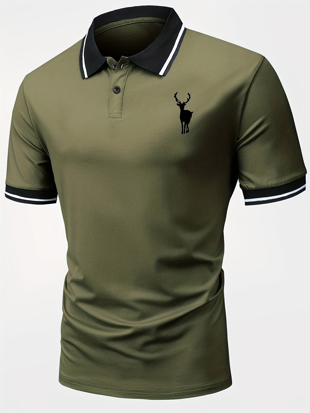 Horse Pattern Casual Slightly Stretch Button Front Short Sleeve Polo Shirt, Men's Clothes For Summer