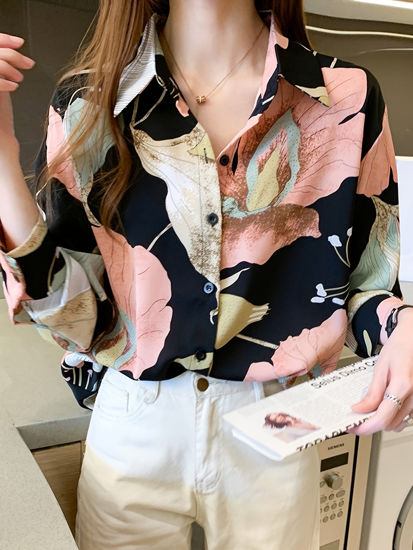 gbolsos  Print V-neck Loose Lapel Blouses, Casual Button Down Long Sleeve Fashion Shirts Tops, Women's Clothing