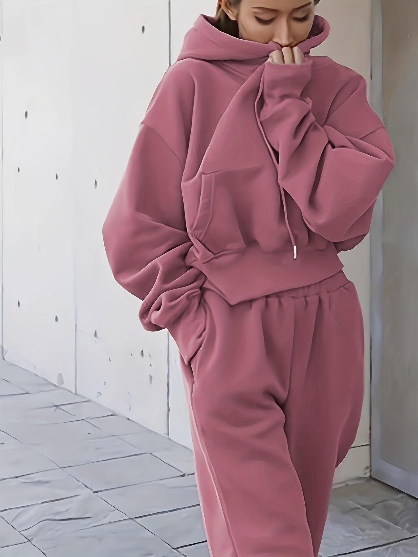 gbolsos  2pcs Athleisure Set, Oversized Solid Hooded Pocket Drawstring Sweatshirts & Sweatpants Sets, Women's Clothing