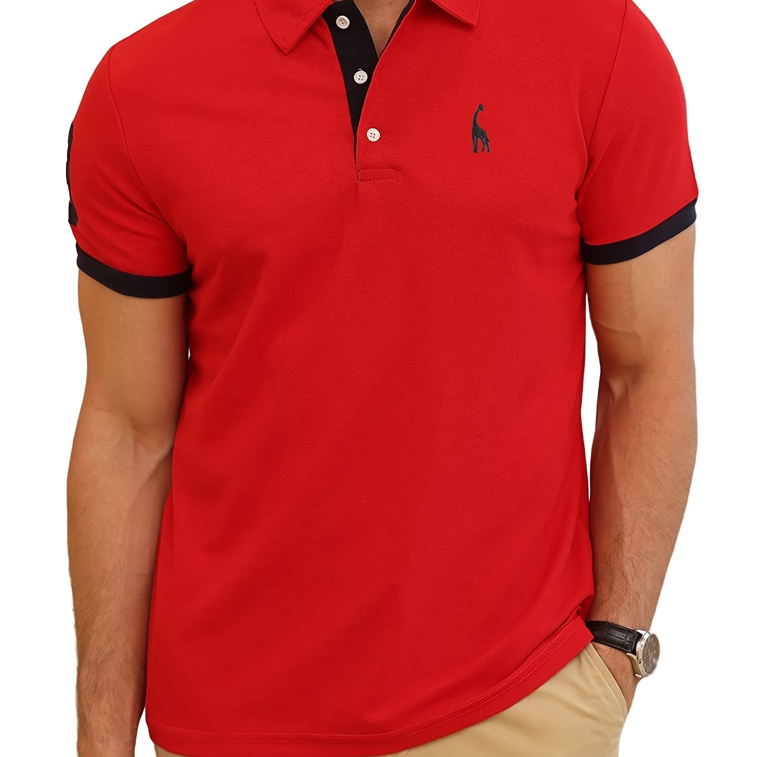 Men's Casual Slim Fit Embroidered Striped Polo Shirt