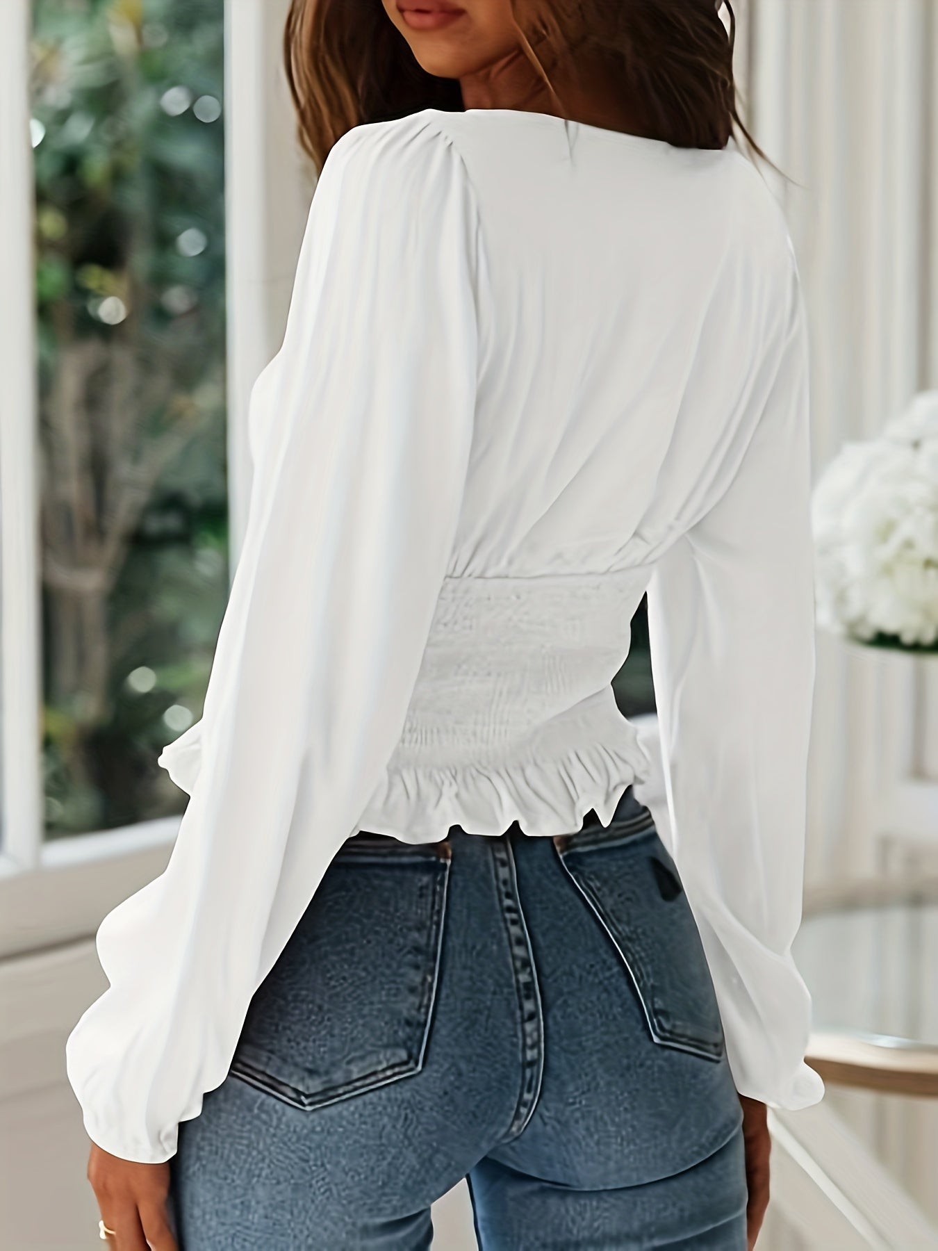Square Neck Frill Smock Crop Blouses, Sexy Shirred Long Sleeve Fashion Shirts Crop Tops, Women's Clothing