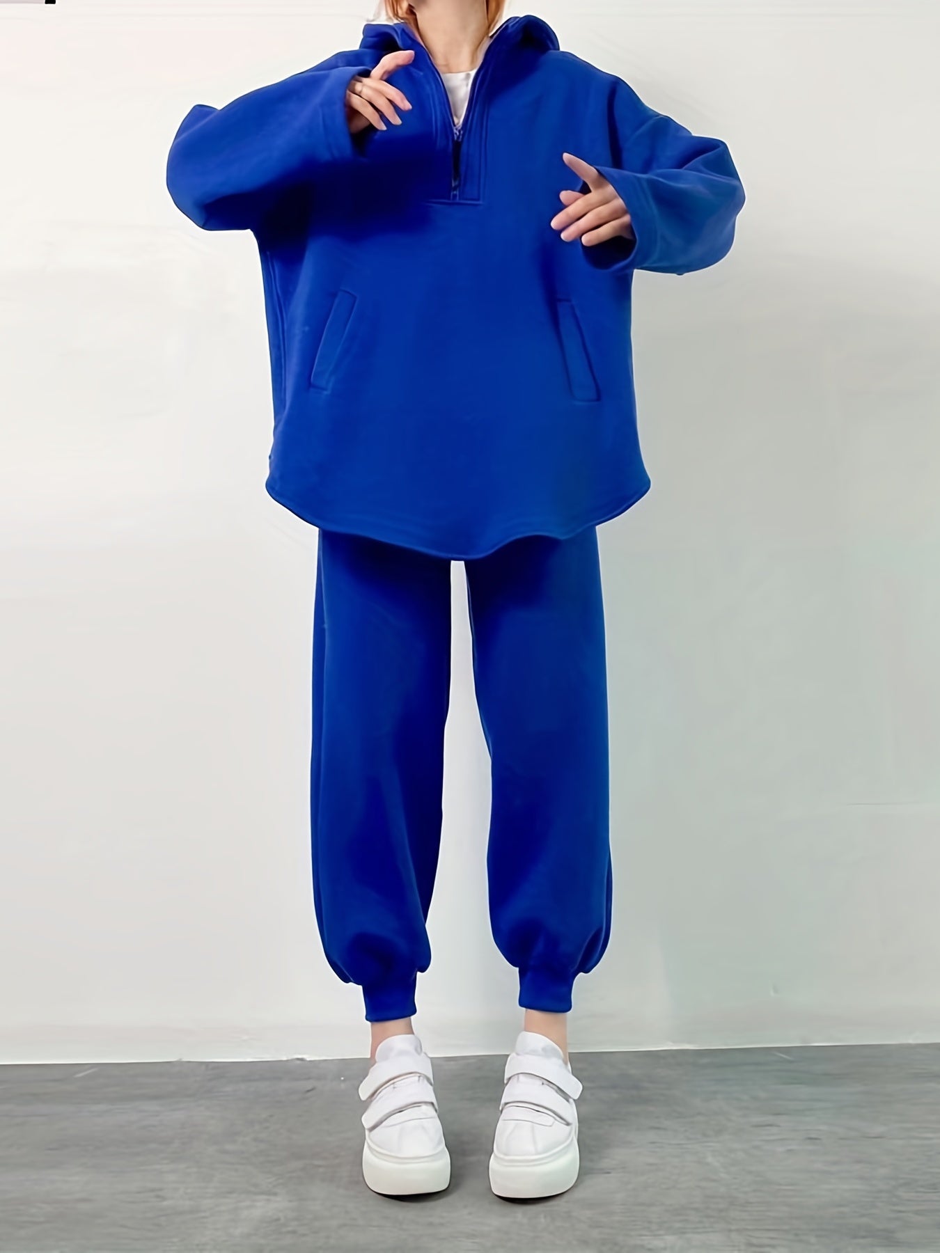 gbolsos  2 Pieces Solid Sports Set, Half Zipper Pocket Loose Pullover Shirts & High Waist Jogger Pants, Women's Clothing
