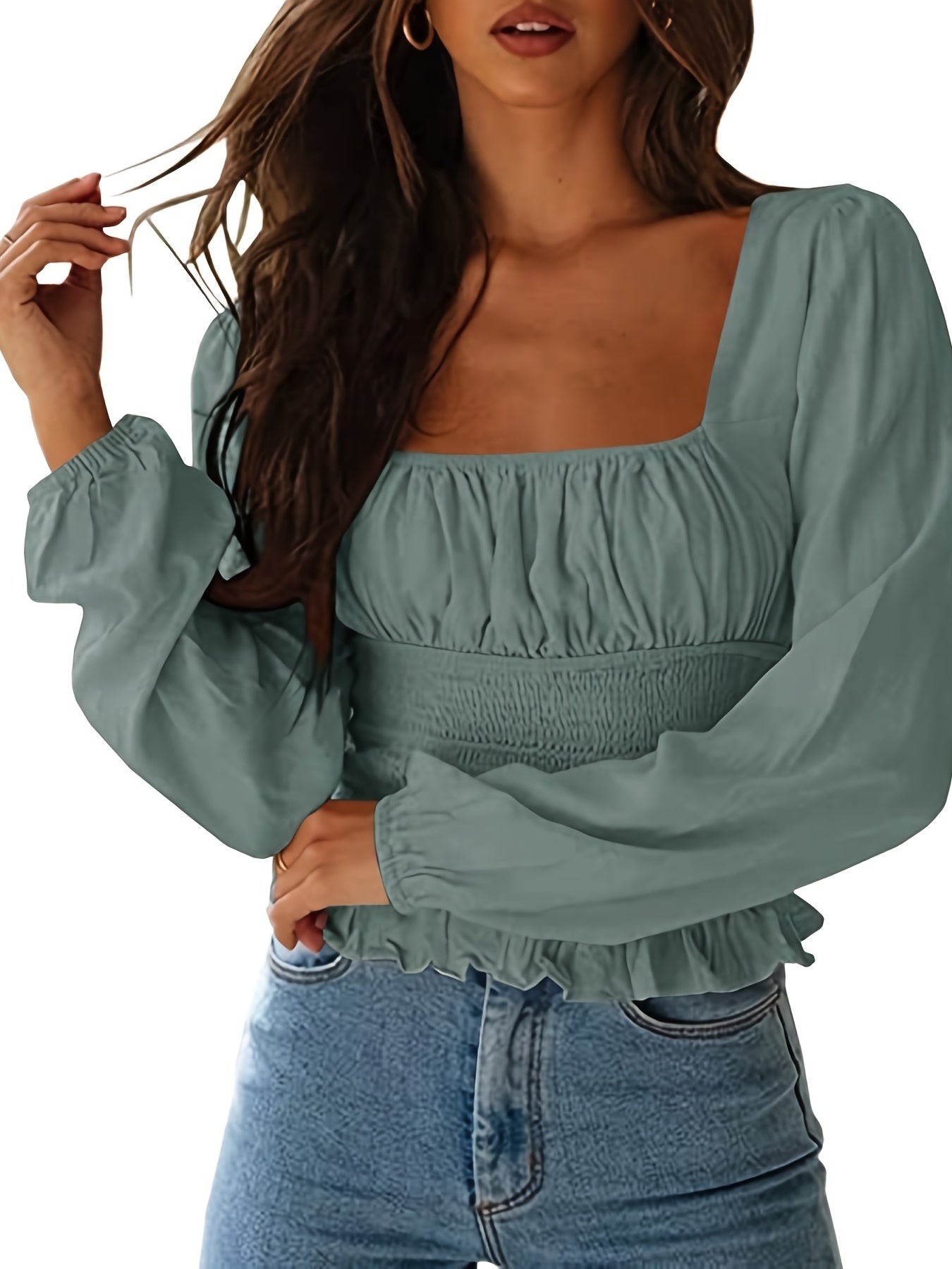 Square Neck Frill Smock Crop Blouses, Sexy Shirred Long Sleeve Fashion Shirts Crop Tops, Women's Clothing