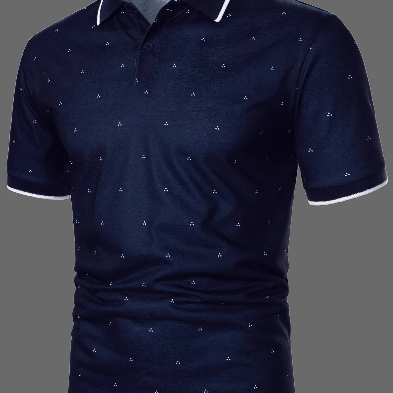 Men's Polo Shirts, Casual Navy Blue Slim Fit Lapel Button Up Polo Shirt