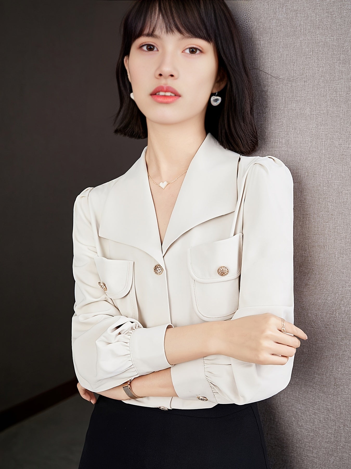 gbolsos  V-neck Loose Lapel Blouses, Casual Button Down Long Sleeve Shirts Tops, Women's Clothing