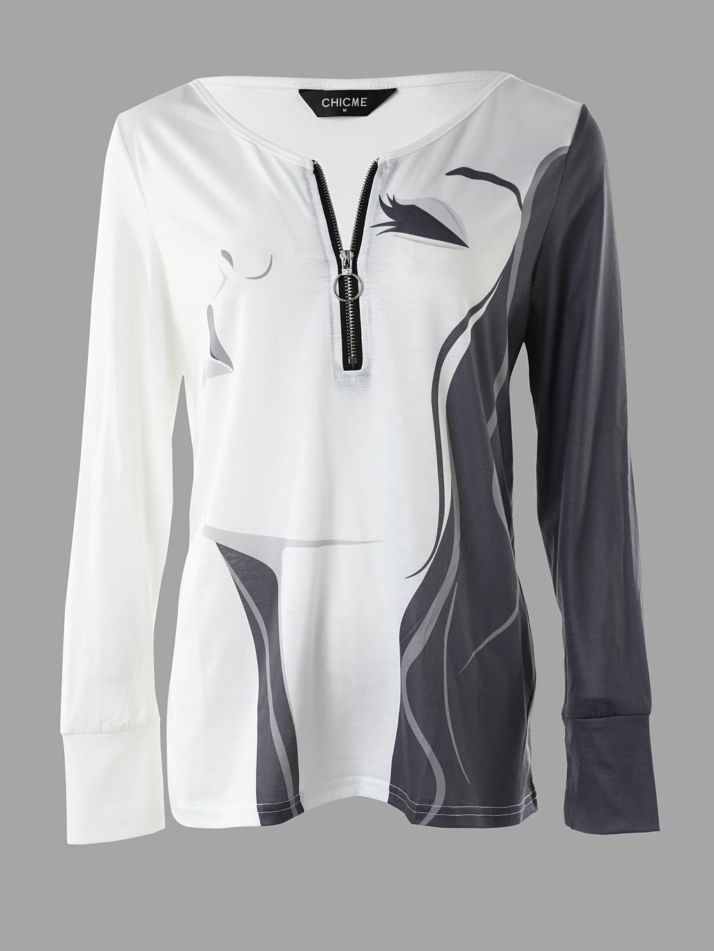 kkboxly  Face Print V-neck Zipper T-shirt, Casual Loose Long Sleeve Fashion T-Shirts Tops, Women's Clothing