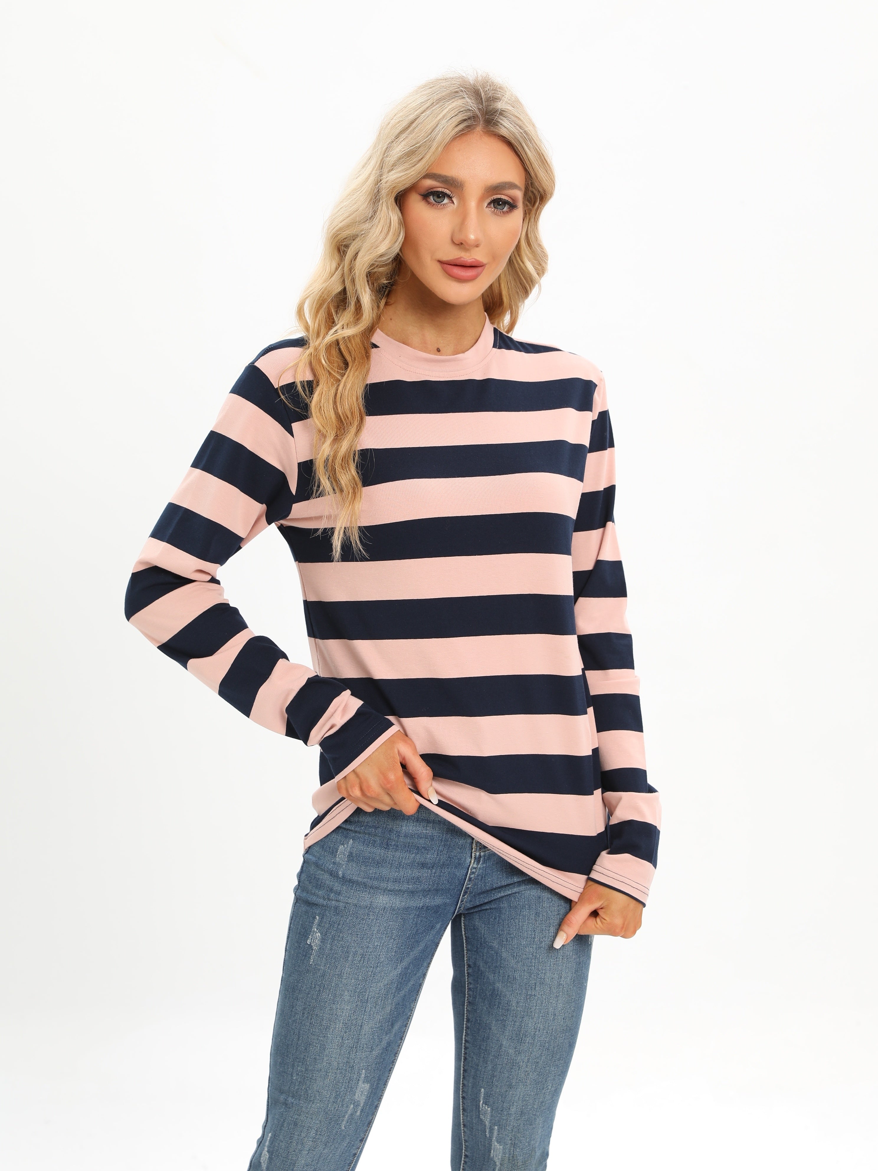 kkboxly  Casual Striped Long Sleeve T-Shirts, Striped T Shirts Crew Neck Tops, Women's Clothing